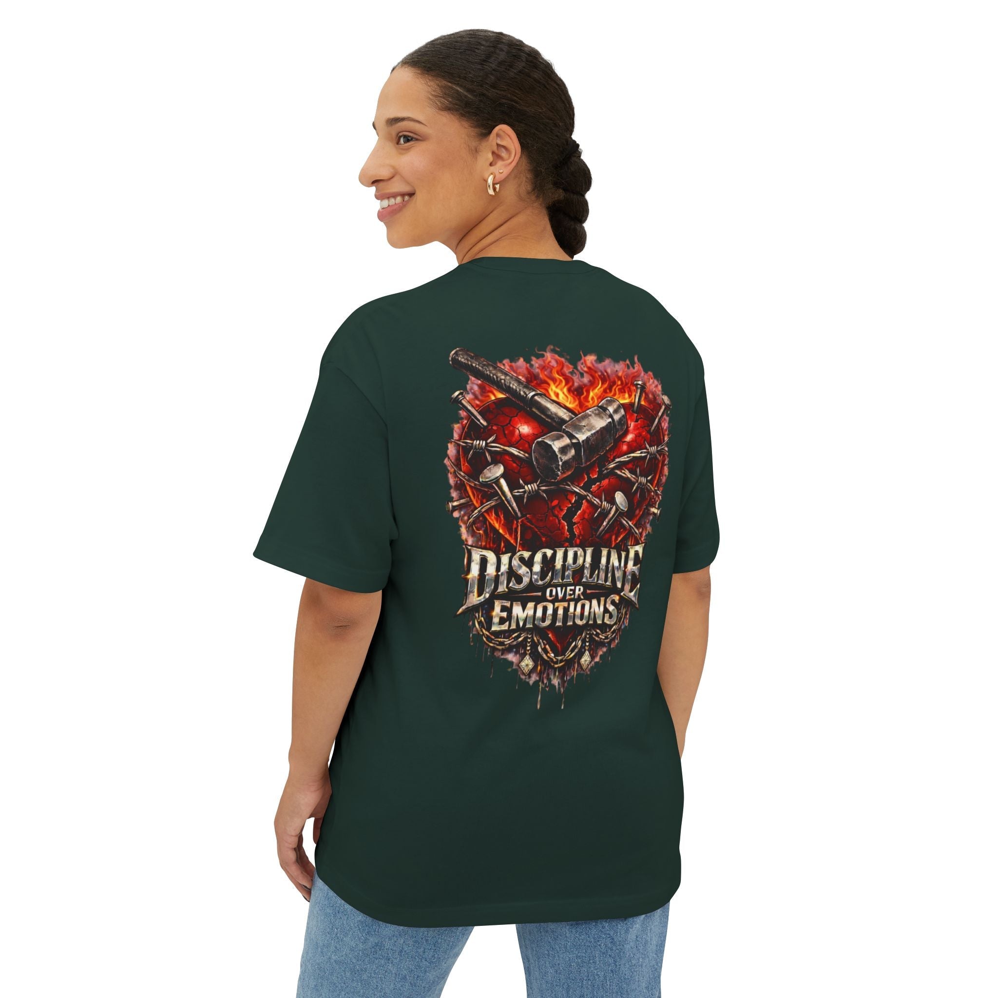 Adult *Oversized* Discipline Over Emotions (Back) Graphic Tee (Red Heart) Printify