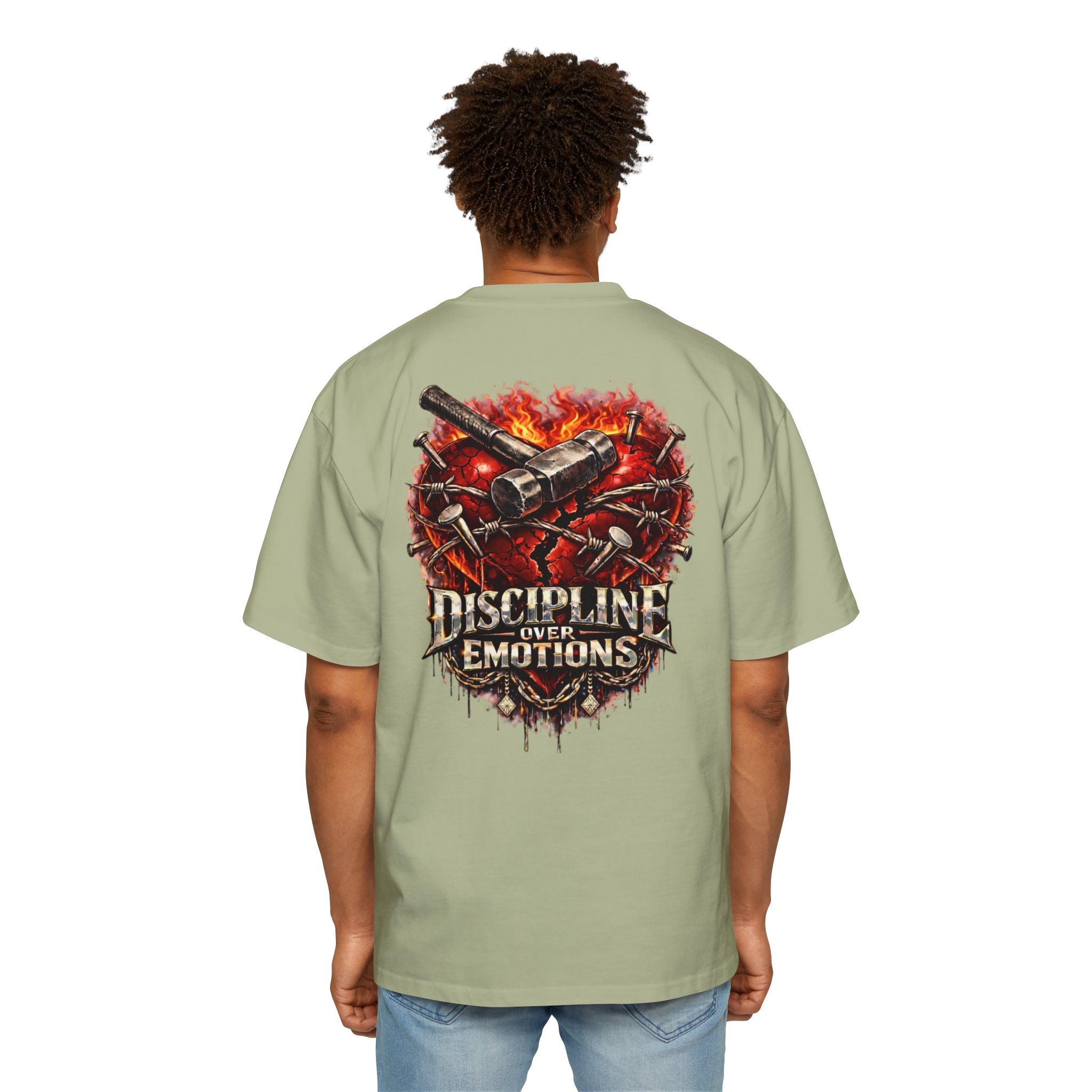 Oversized Discipline Over Emotions (Back) Graphic Tee (Red Heart) Printify