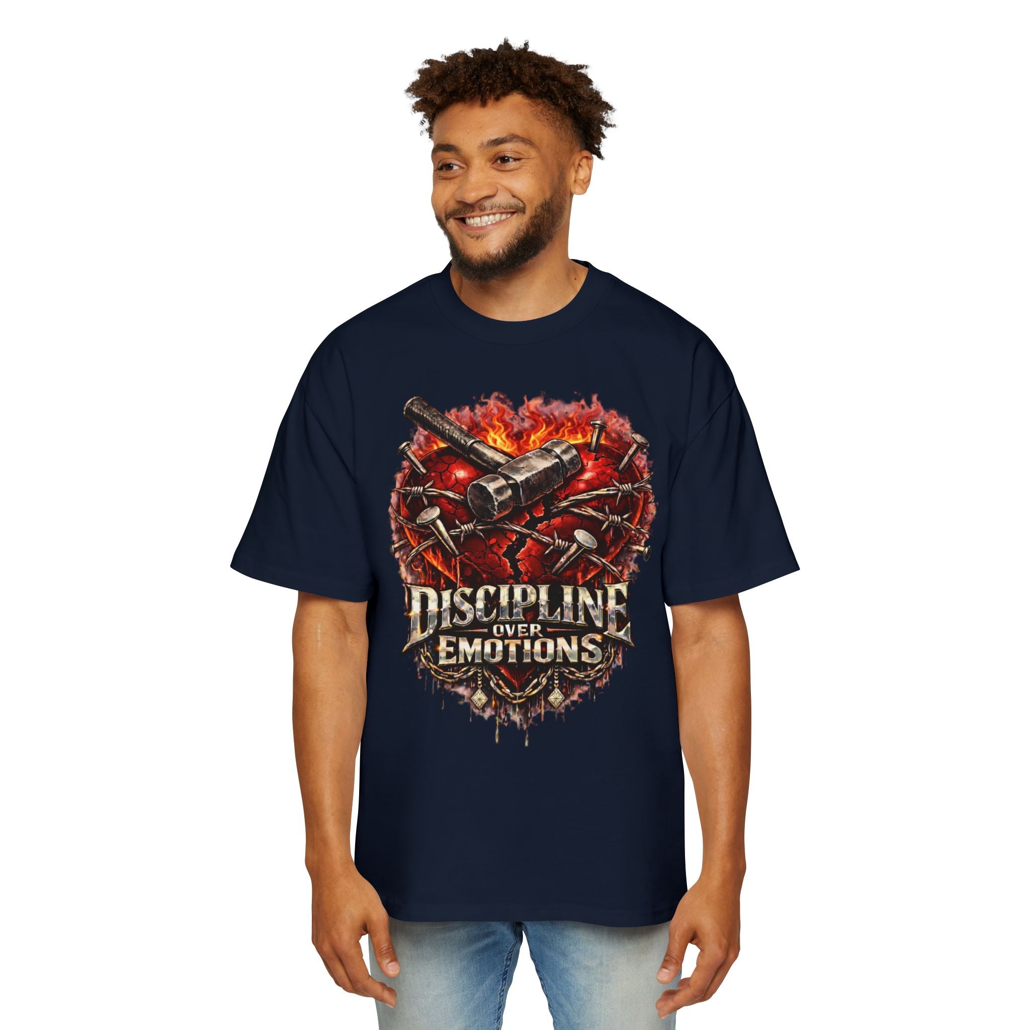 Oversized Discipline Over Emotions Graphic Tee (Front Red Heart) Printify
