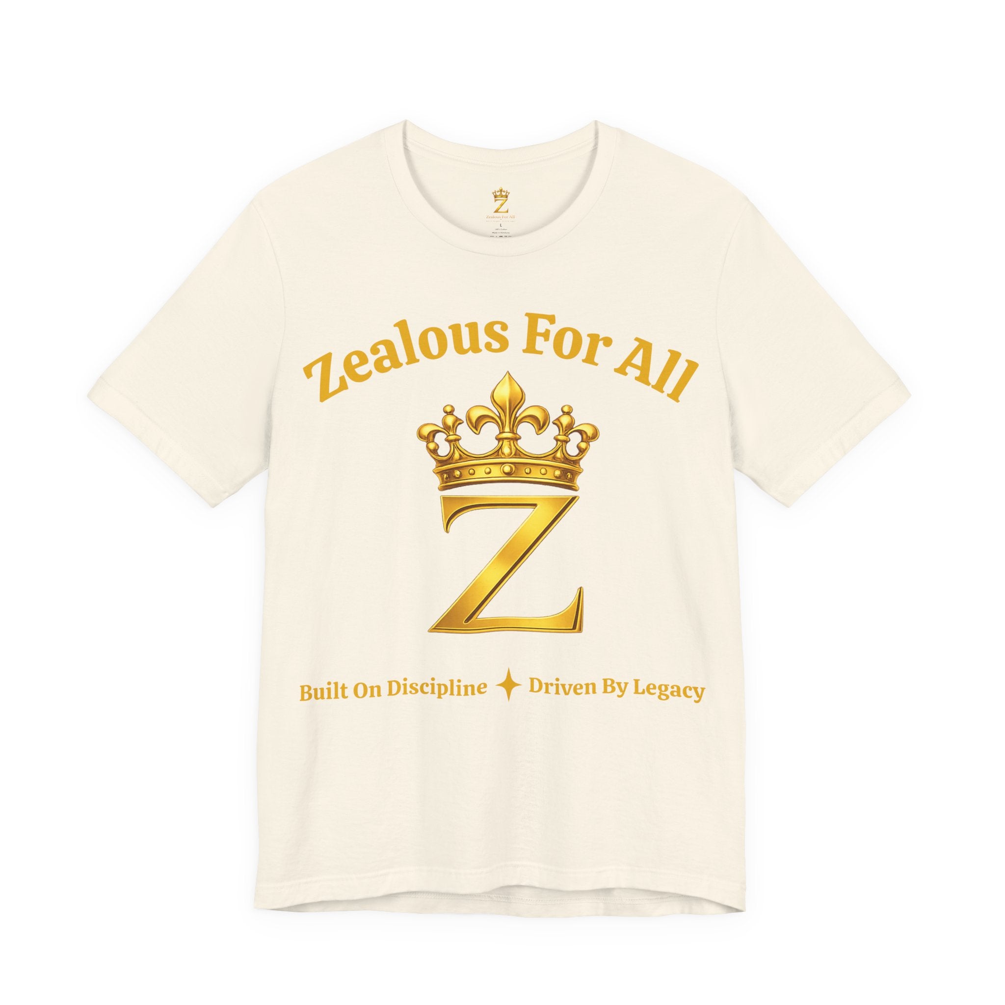 Unisex Luxury Zealous For All T-Shirt (Gold/White Words, Big Logo T-shirt) Printify