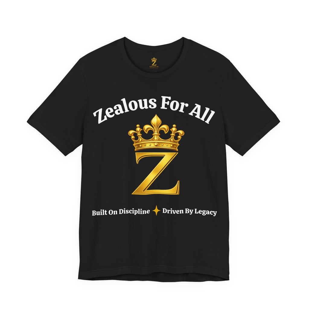 Unisex Luxury Zealous For All T-Shirt (Gold/White Words, Big Logo T-shirt) Printify