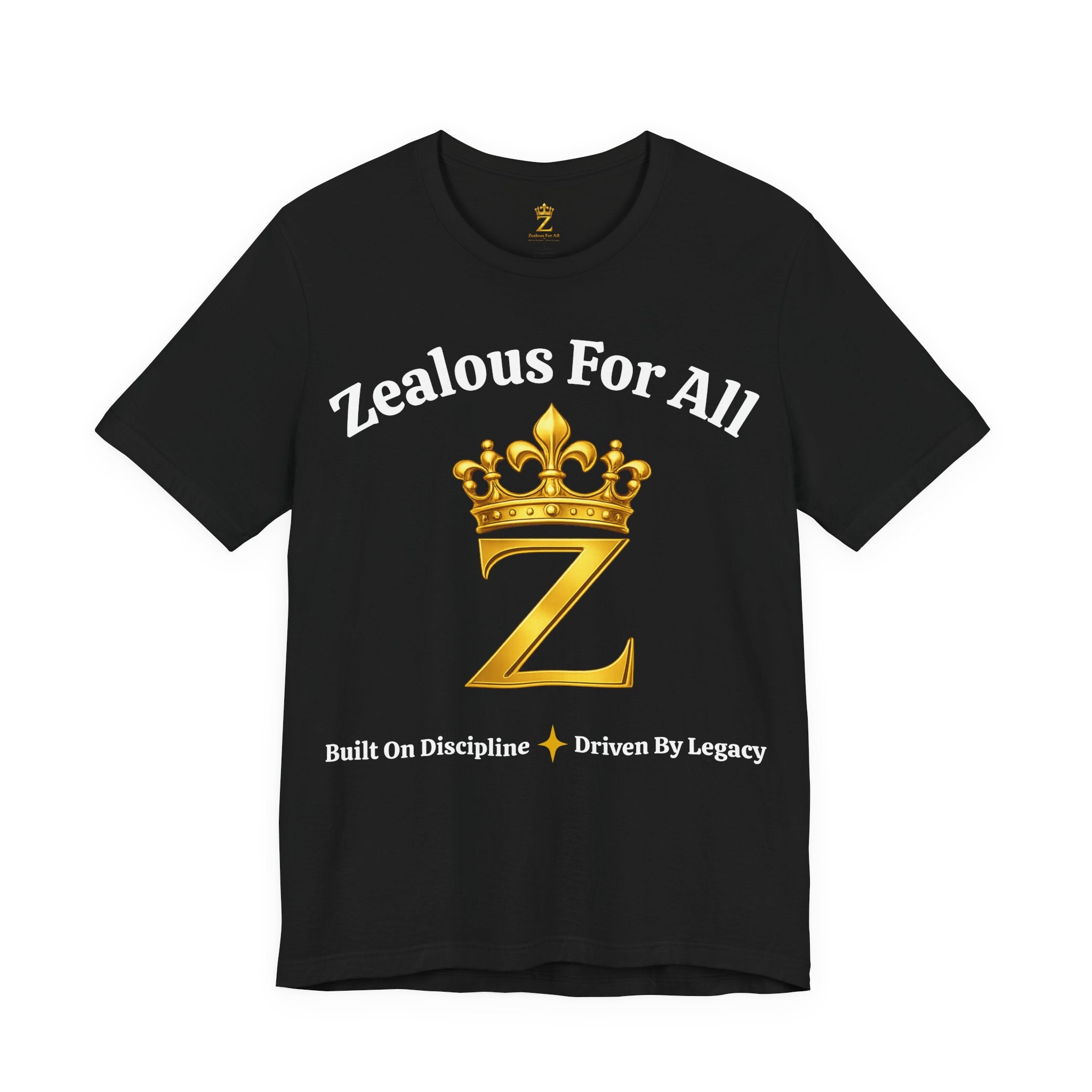 Unisex Luxury Zealous For All T-Shirt (Gold/White Words, Big Logo T-shirt) Printify