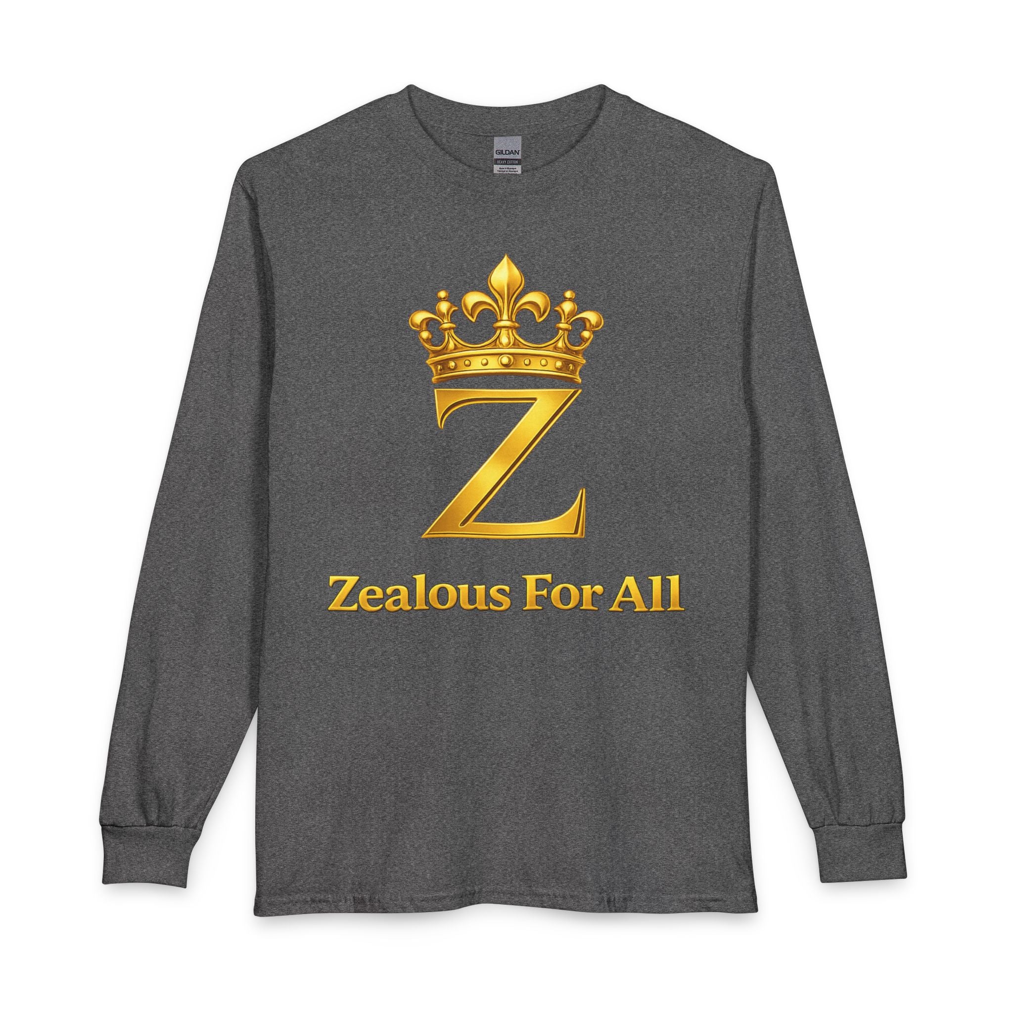 Long Sleeve Shirt — "Zealous For All" Gold Crown Logo, Printify
