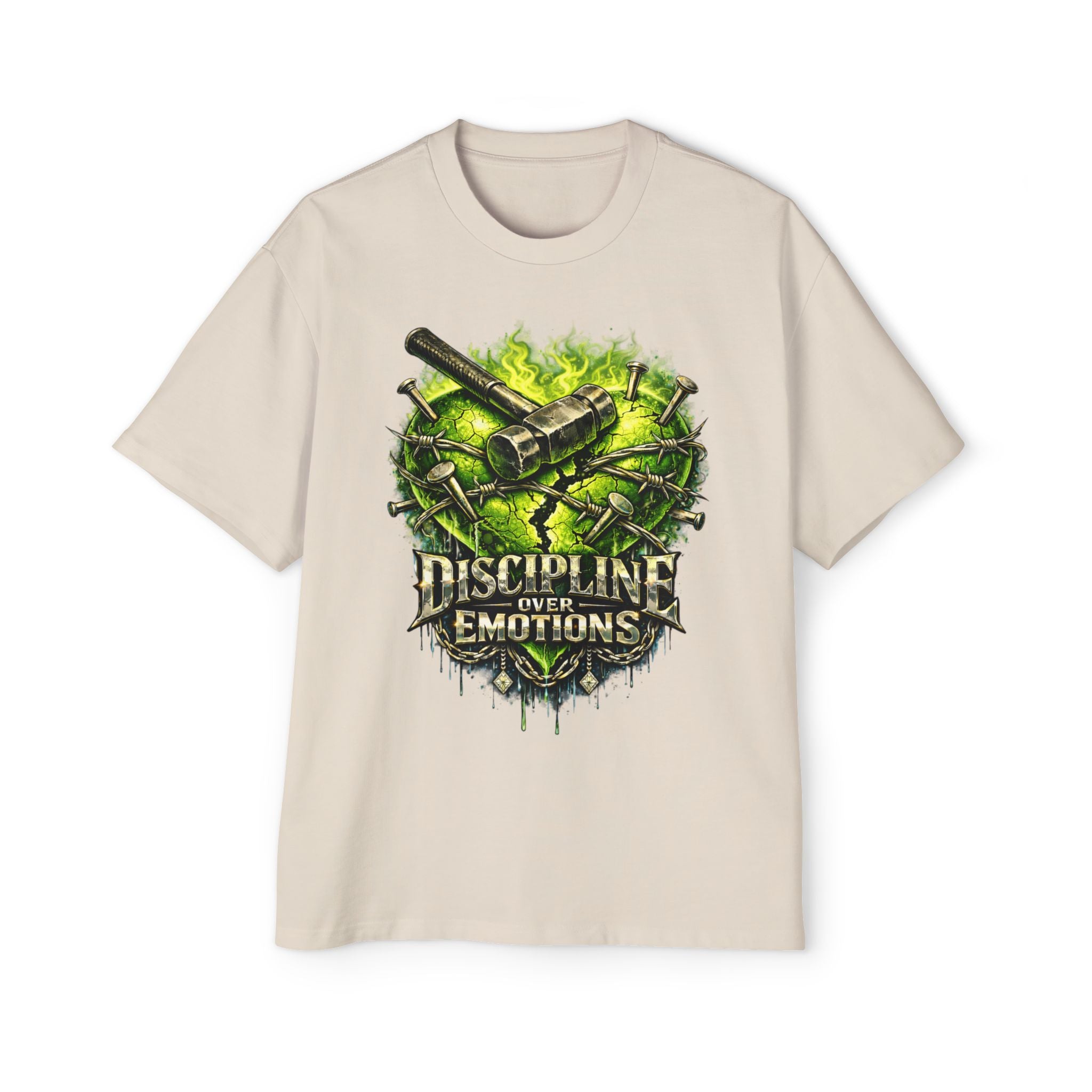 Oversized Discipline Over Emotions Graphic Tee (Green Heart) Printify