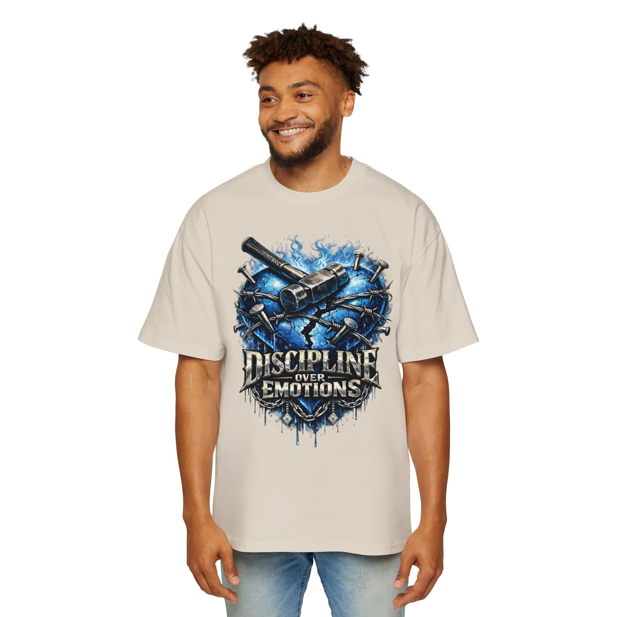 Oversized Discipline Over Emotions Graphic T-Shirt (Blue Heart) Printify