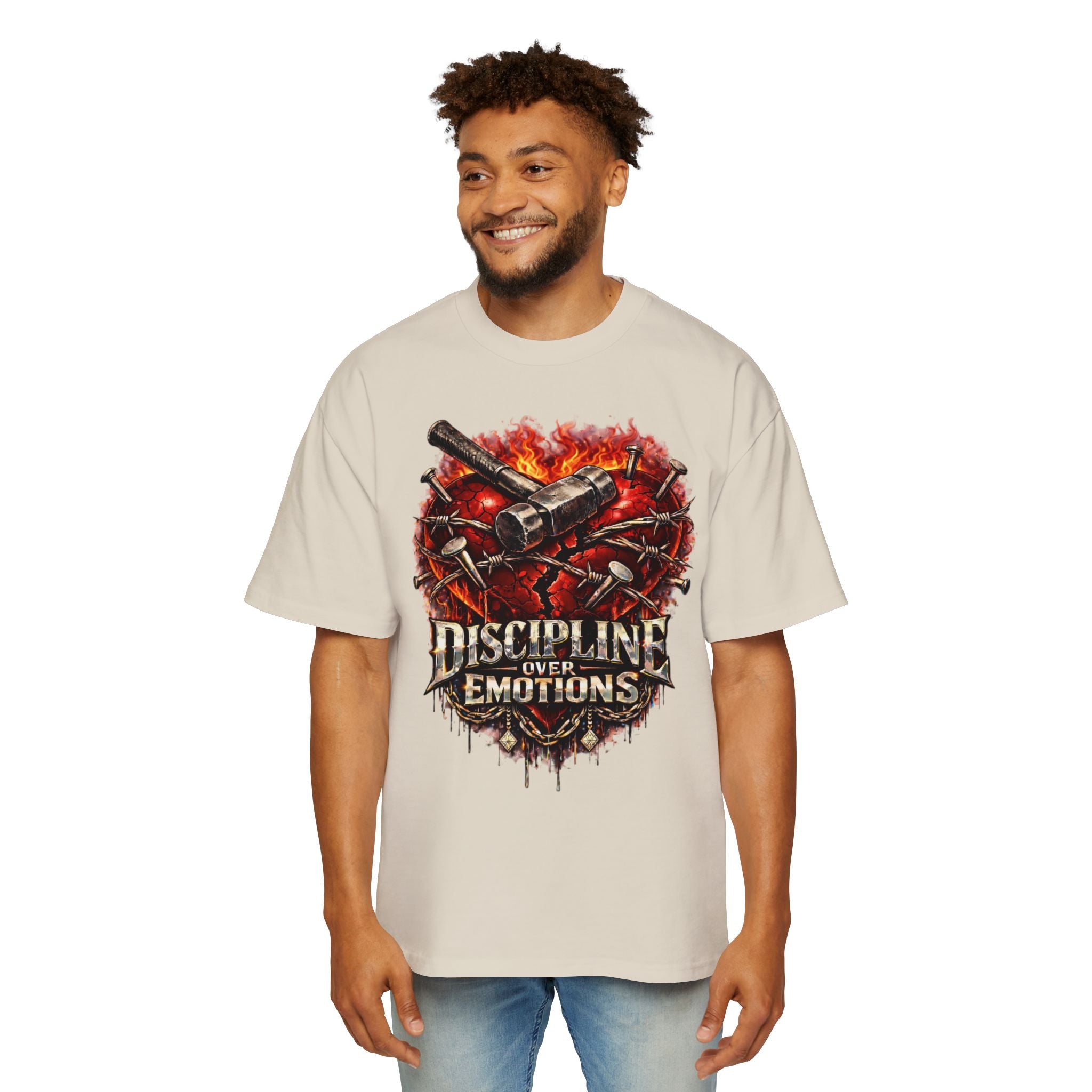 Oversized Discipline Over Emotions Graphic Tee (Front Red Heart) Printify
