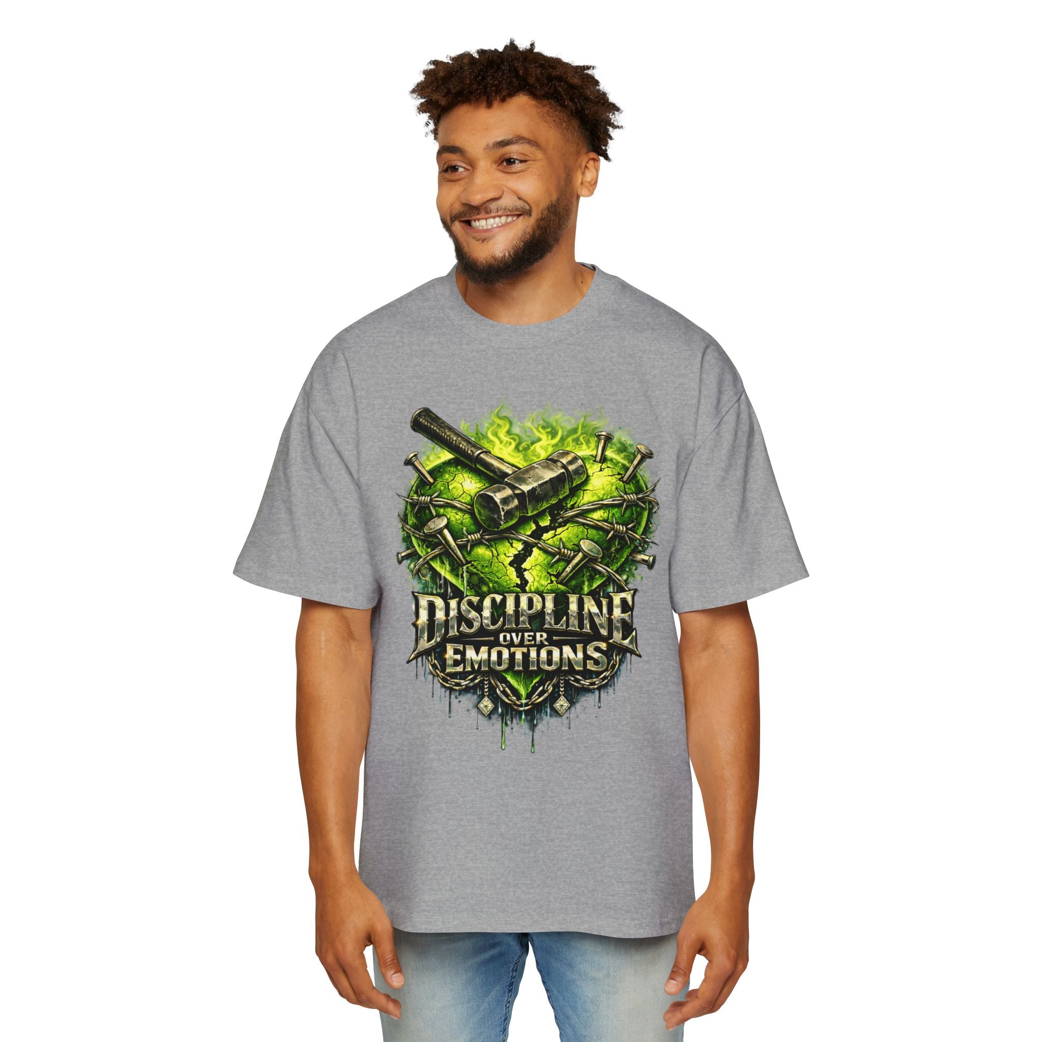 Oversized Discipline Over Emotions Graphic Tee (Green Heart) Printify