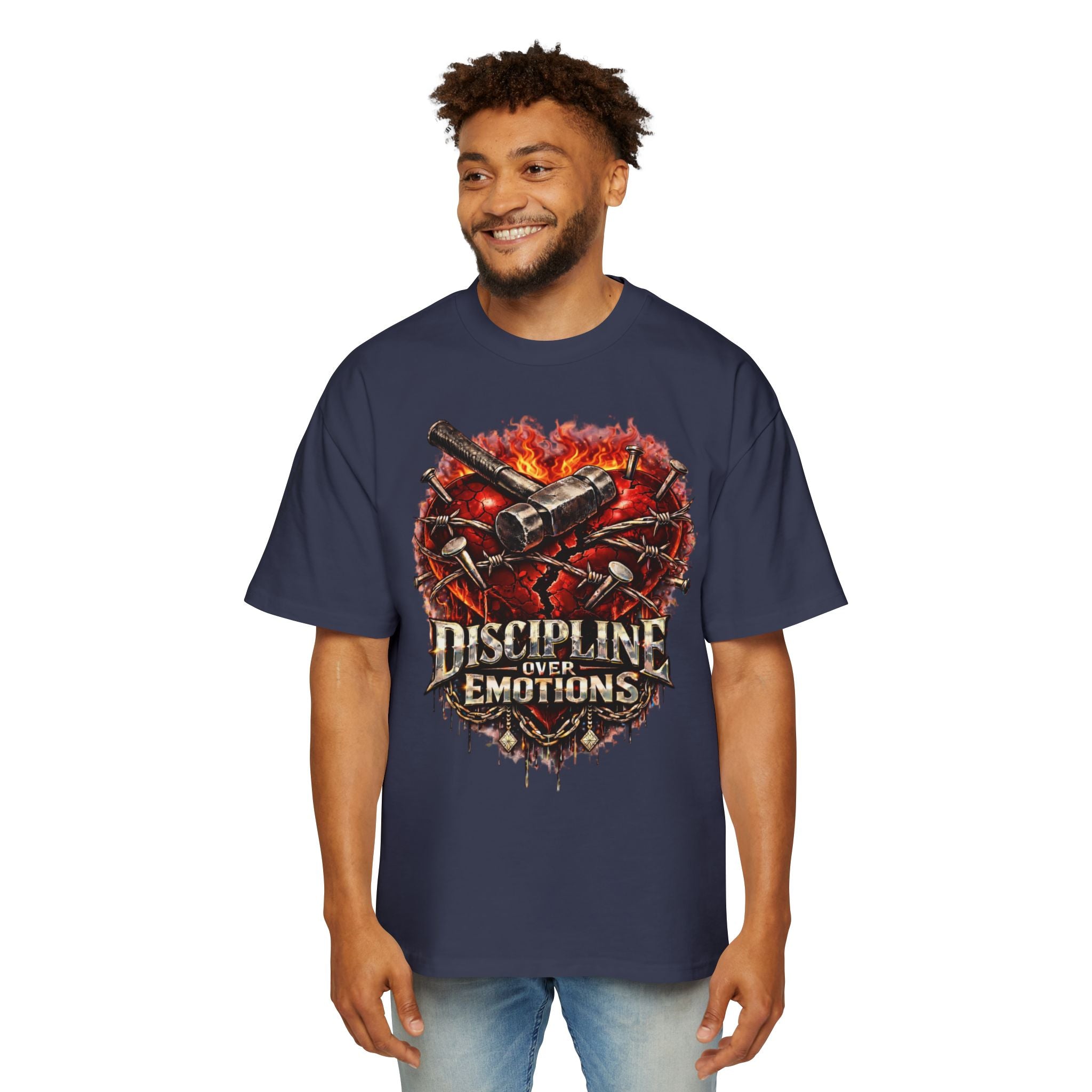 Oversized Discipline Over Emotions Graphic Tee (Front Red Heart) Printify