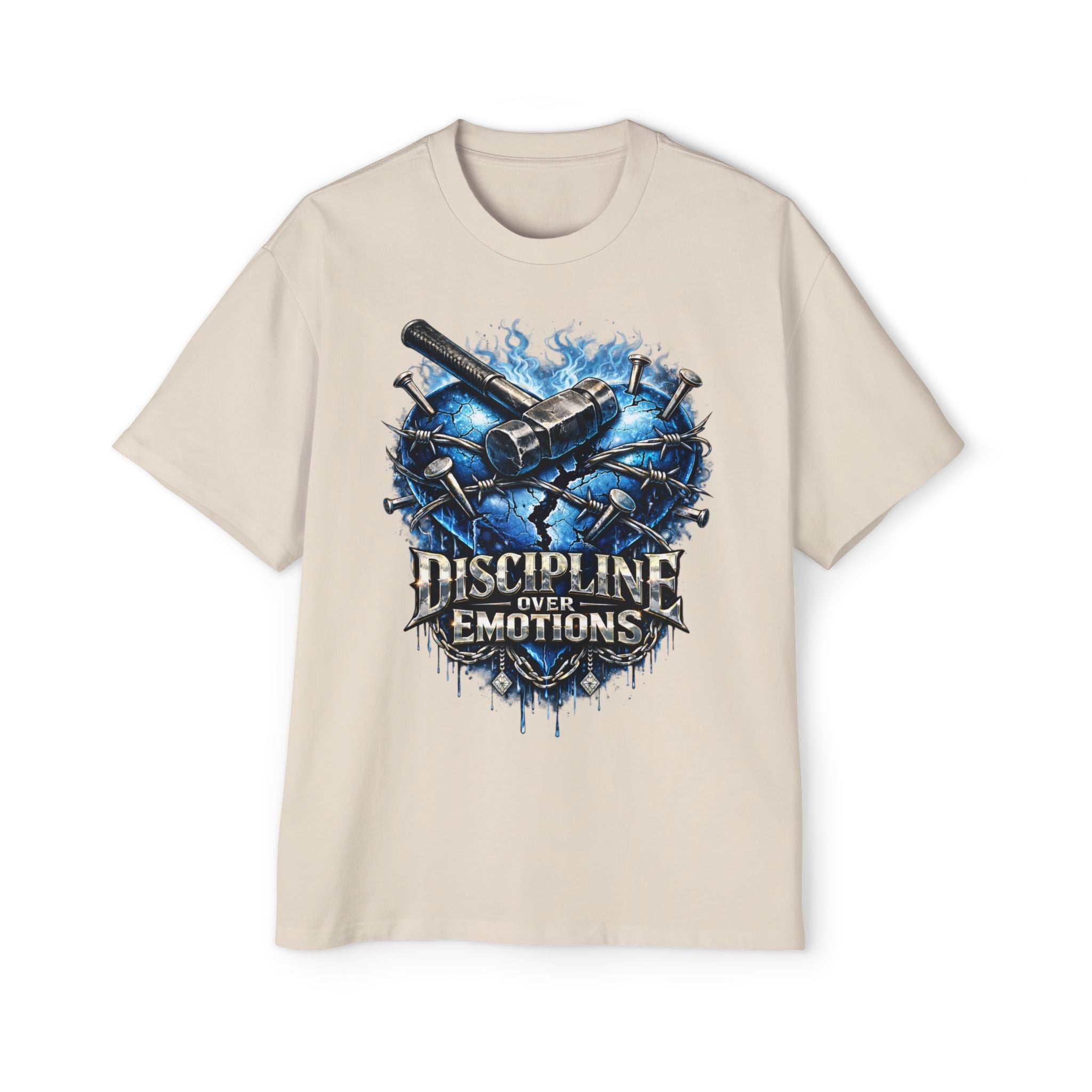 Oversized Discipline Over Emotions Graphic T-Shirt (Blue Heart) Printify