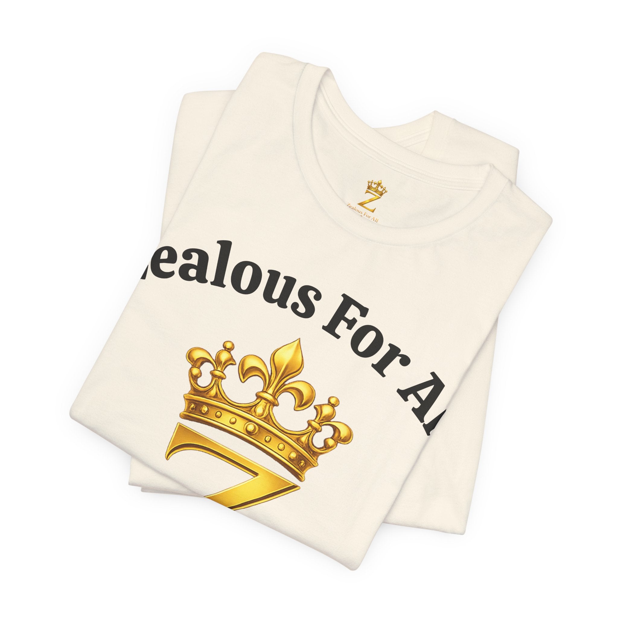 Unisex Luxury Zealous For All T-Shirt (Gold/Black Words, Big Logo T-shirt) Printify