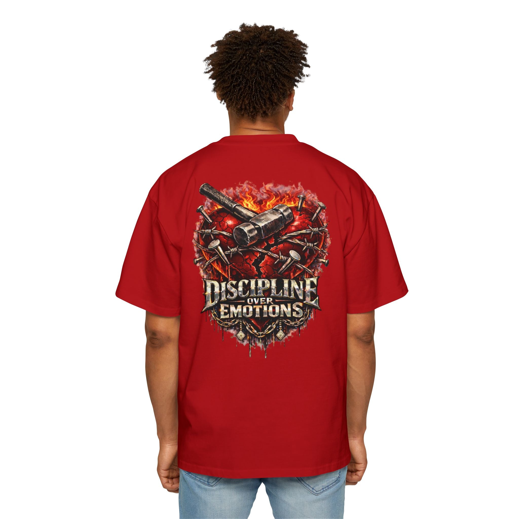 Oversized Discipline Over Emotions (Back) Graphic Tee (Red Heart) Printify