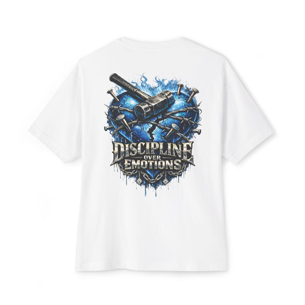 Adult *Oversized* Discipline Over Emotions (Back) Graphic Tee (Blue Heart) Printify