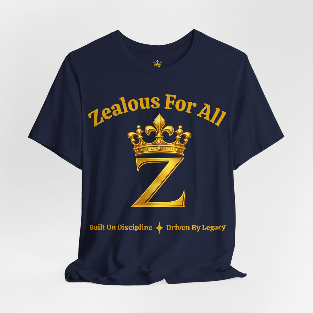 Unisex Luxury Zealous For All T-Shirt (Gold/Black Words, Big Logo T-shirt) Printify