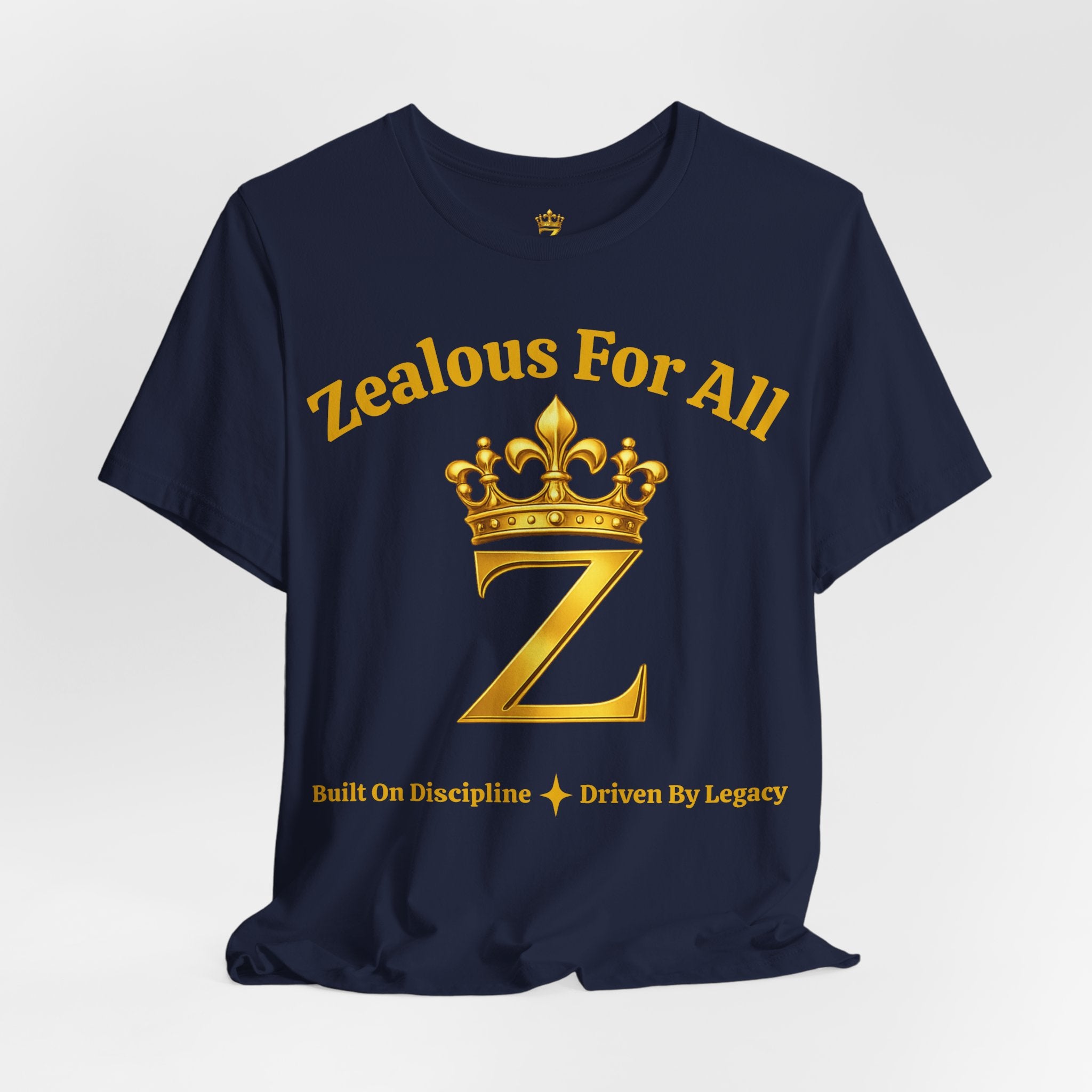 Unisex Luxury Zealous For All T-Shirt (Gold/Black Words, Big Logo T-shirt) Printify