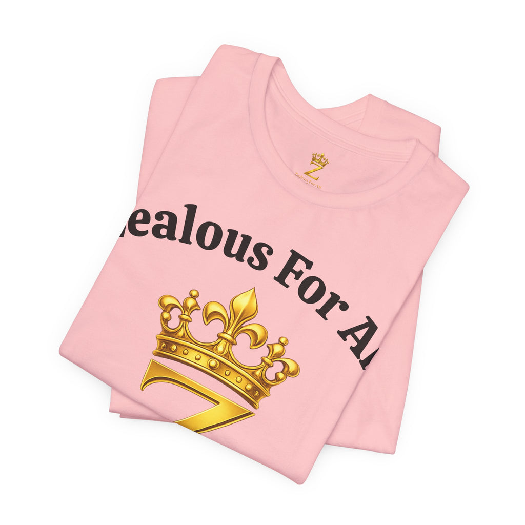Unisex Luxury Zealous For All T-Shirt (Gold/Black Words, Big Logo T-shirt) Printify