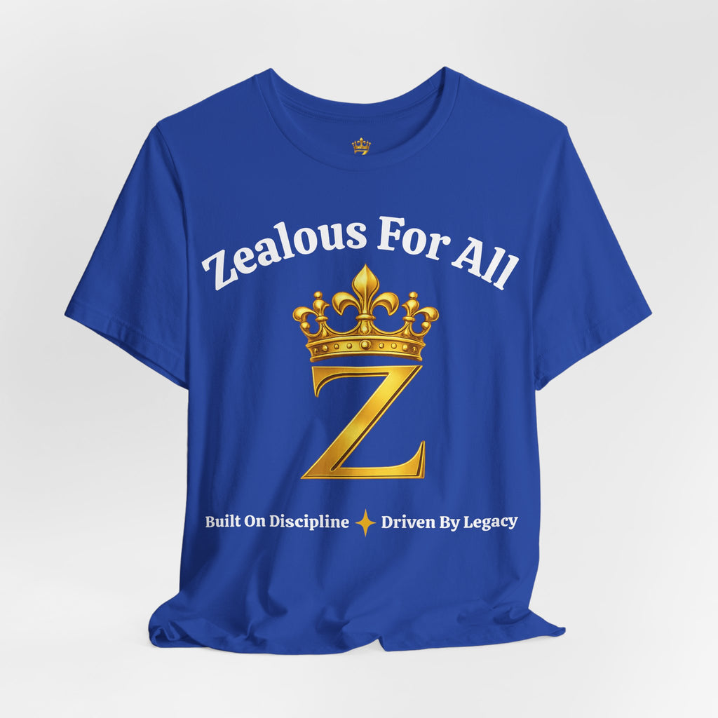 Unisex Luxury Zealous For All T-Shirt (Gold/White Words, Big Logo T-shirt) Printify