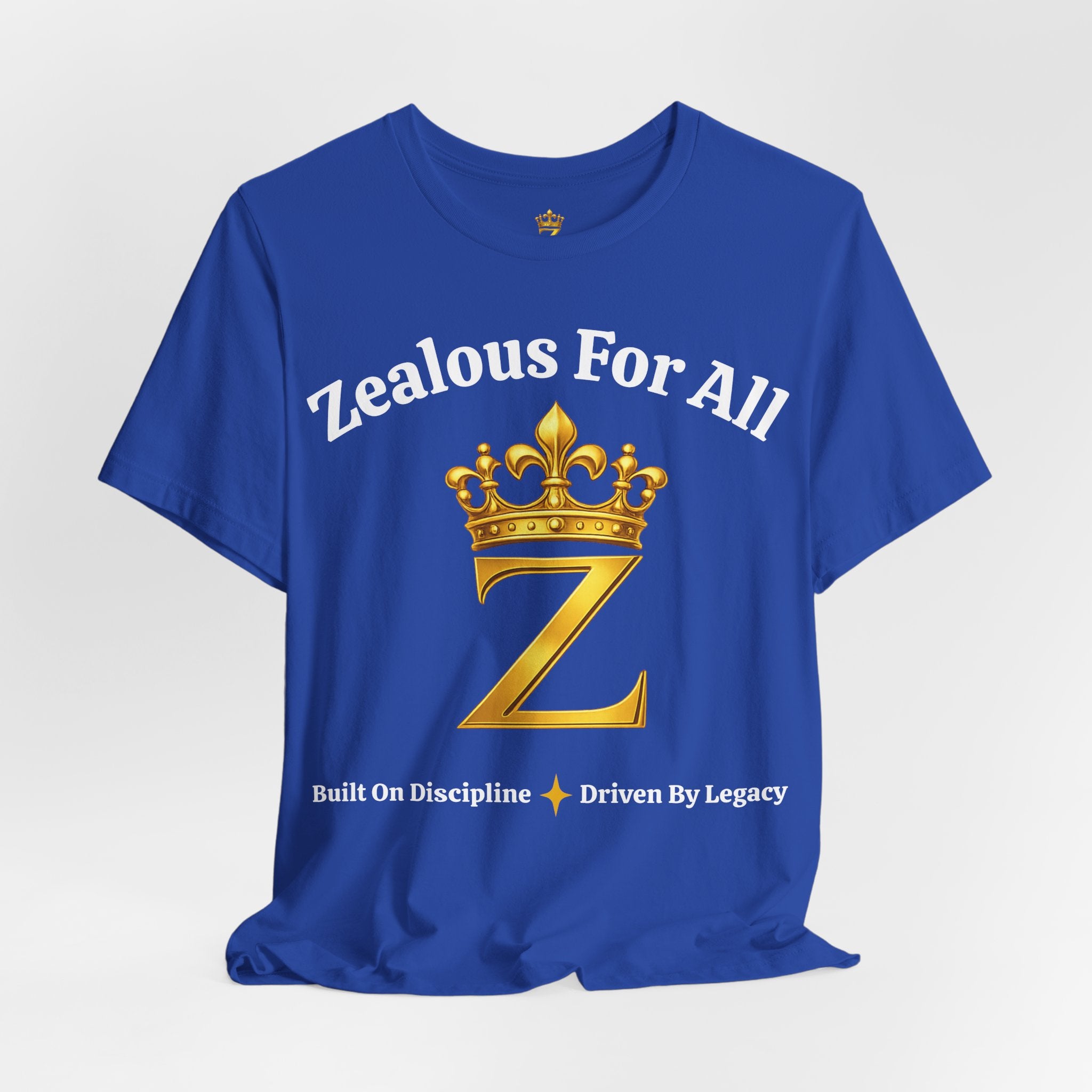 Unisex Luxury Zealous For All T-Shirt (Gold/White Words, Big Logo T-shirt) Printify