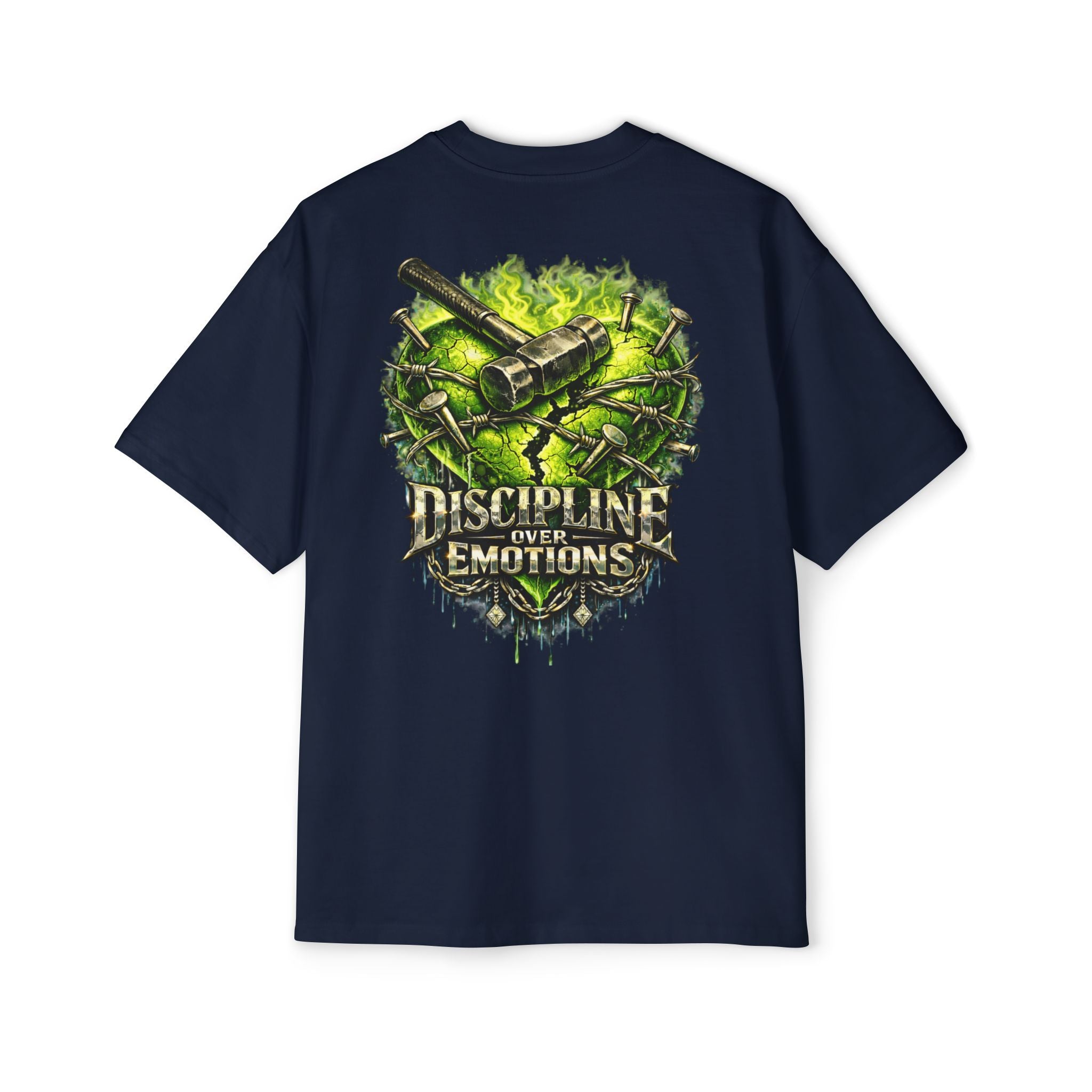 Adult *Oversized* Discipline Over Emotions (Back) Graphic Tee (Lime Green Heart) Printify
