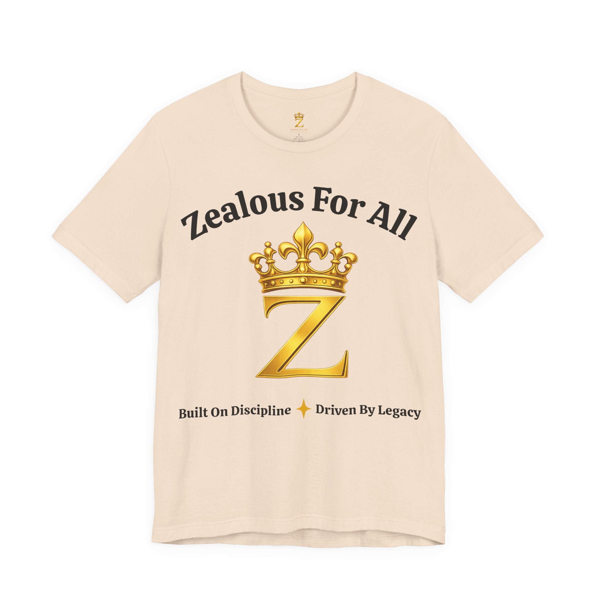 Unisex Luxury Zealous For All T-Shirt (Gold/Black Words, Big Logo T-shirt) Printify
