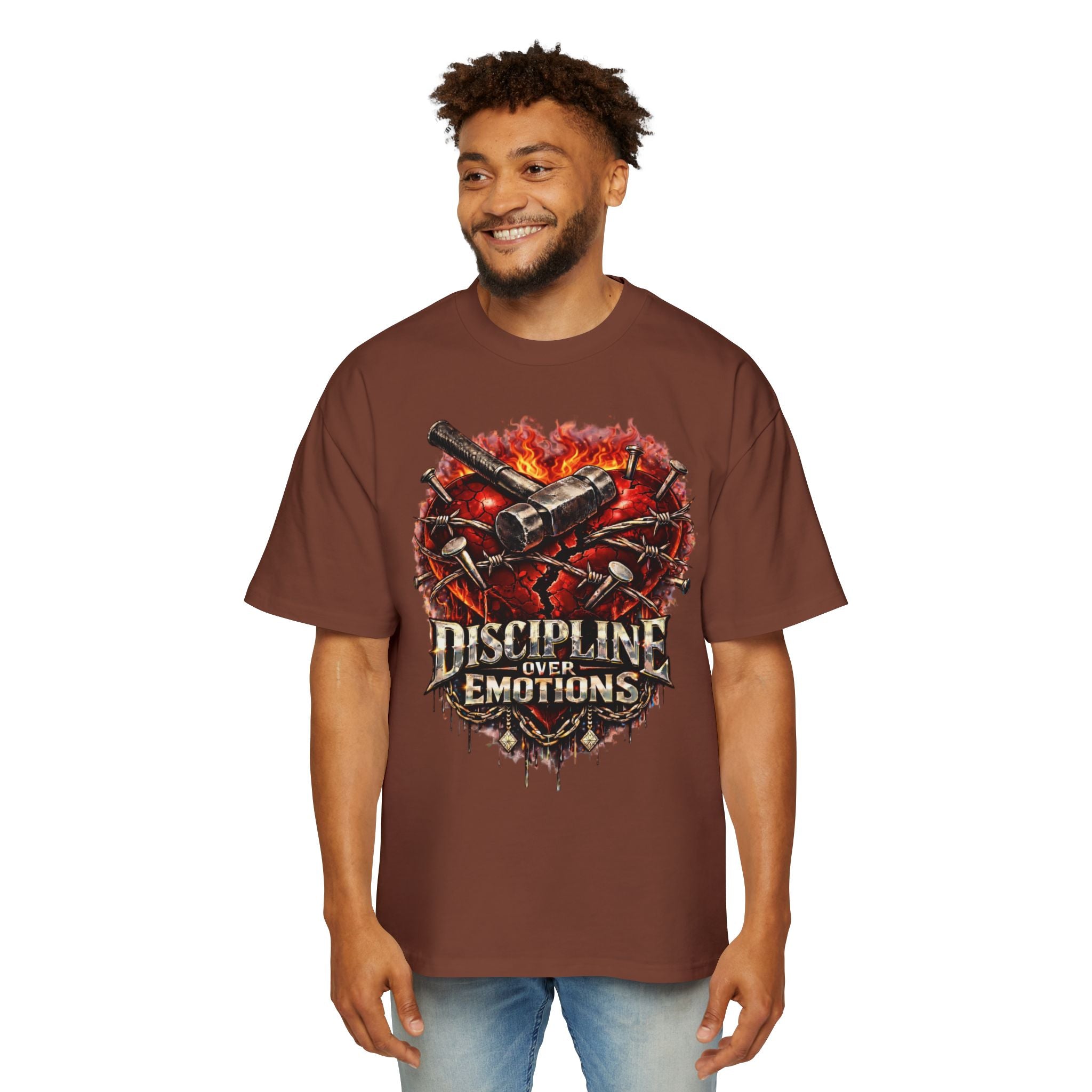 Oversized Discipline Over Emotions Graphic Tee (Front Red Heart) Printify