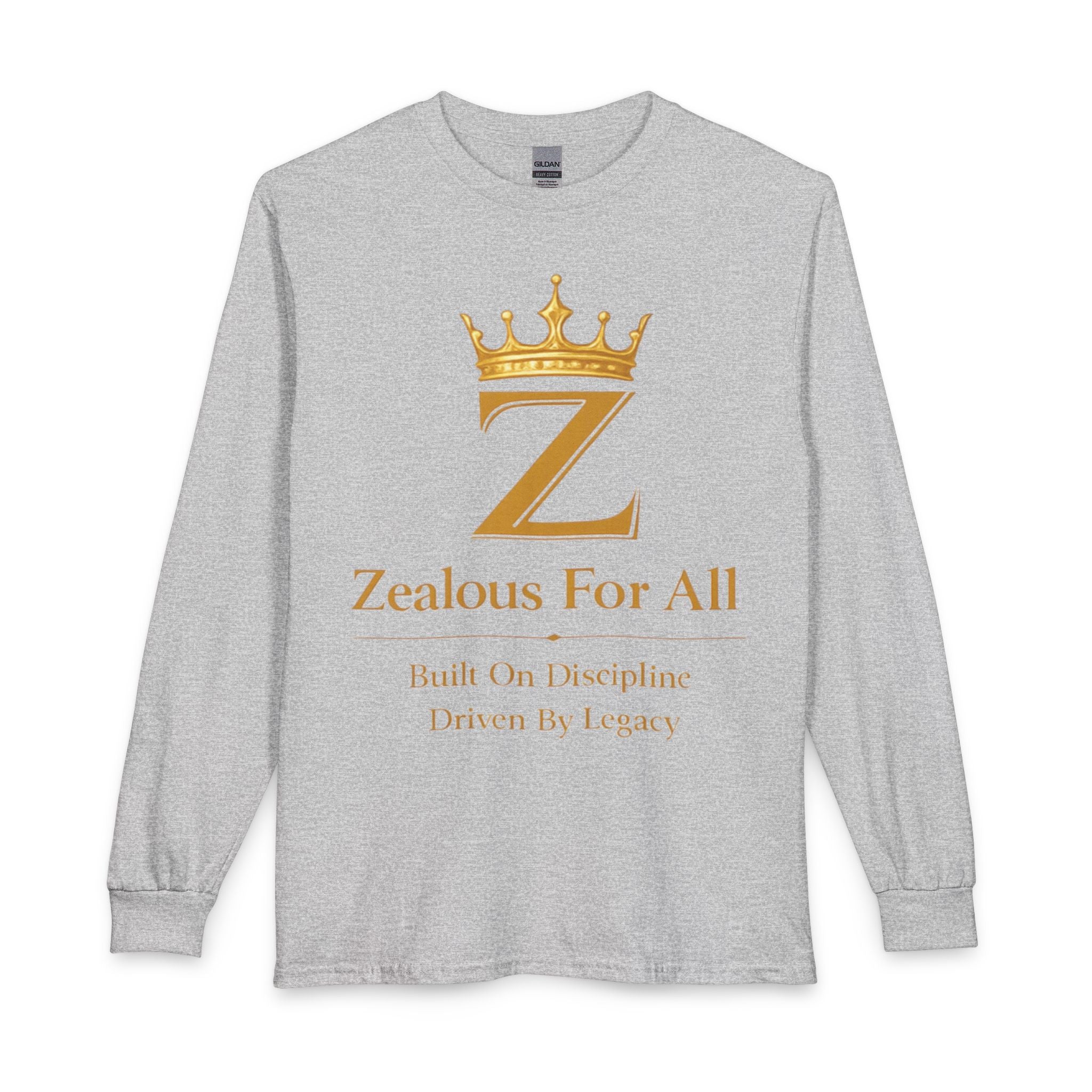 Long Sleeve Shirt — "Zealous For All" Gold Crown Logo, Motivational Athletic Streetwear Printify