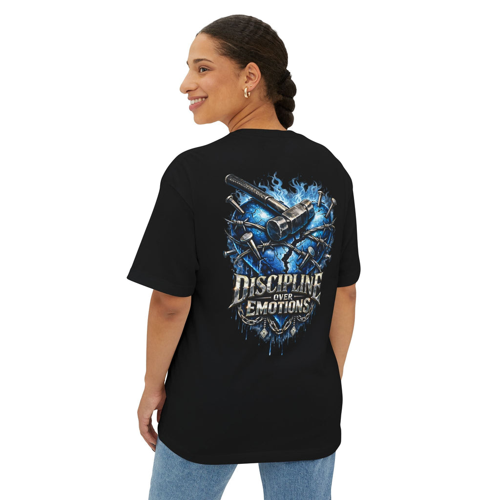 Adult *Oversized* Discipline Over Emotions (Back) Graphic Tee (Blue Heart) Printify