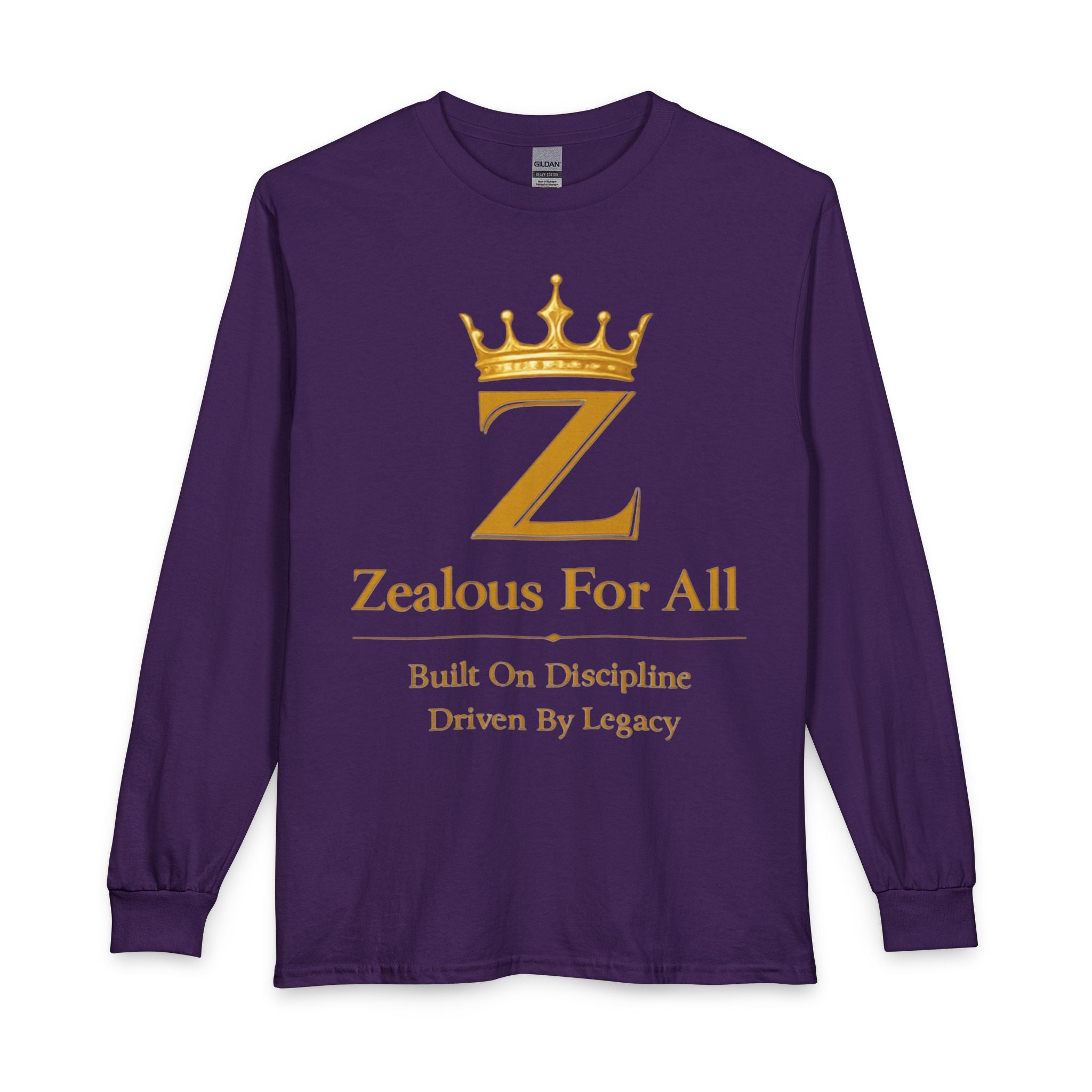 Long Sleeve Shirt — "Zealous For All" Gold Crown Logo, Motivational Athletic Streetwear Printify