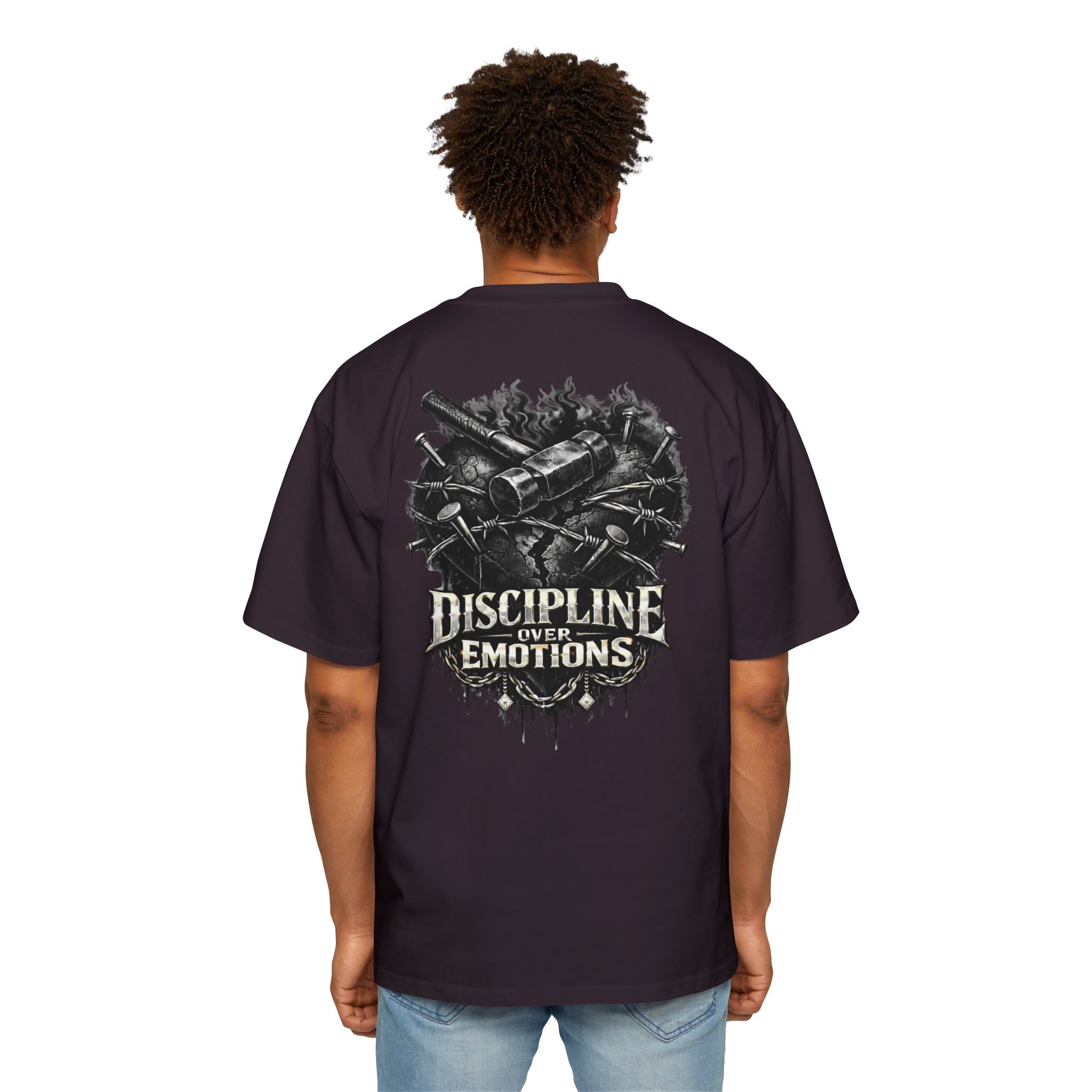 Oversized Discipline Over Emotions (Back) Graphic Tee (Black Heart) Printify