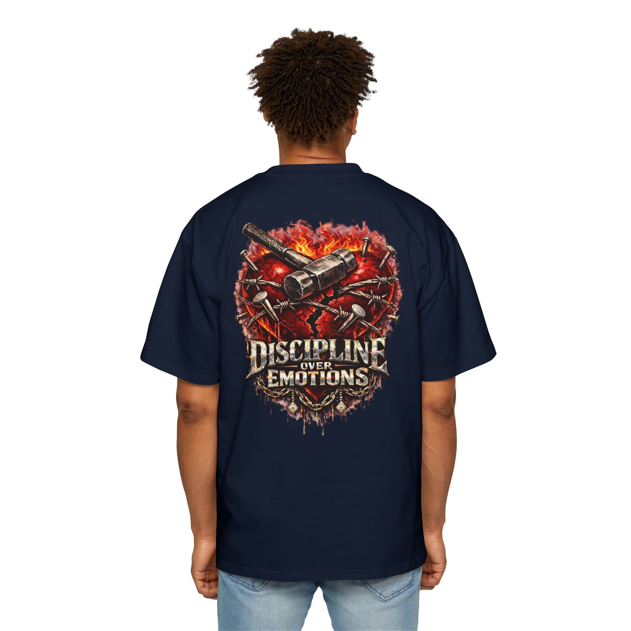 Oversized Discipline Over Emotions (Back) Graphic Tee (Red Heart) Printify
