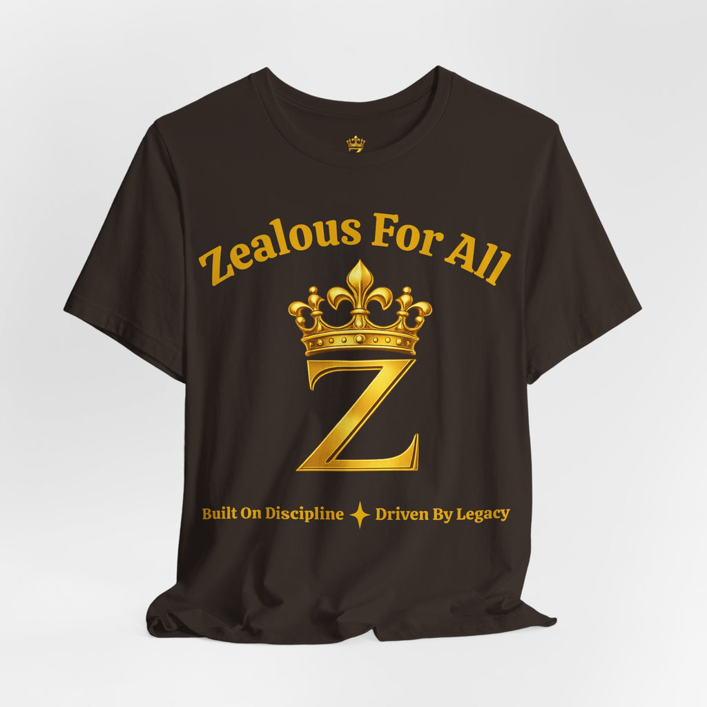 Unisex Luxury Zealous For All T-Shirt (Gold/Black Words, Big Logo T-shirt) Printify