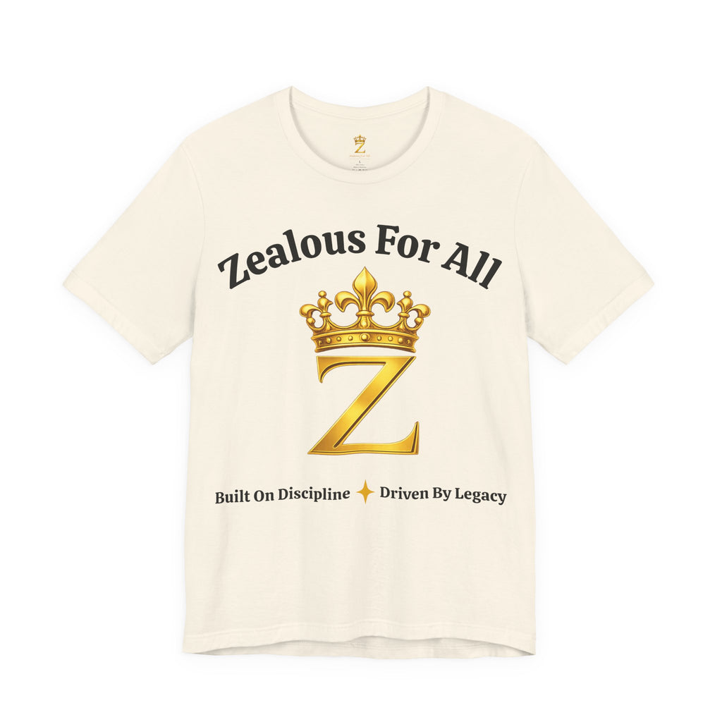 Unisex Luxury Zealous For All T-Shirt (Gold/Black Words, Big Logo T-shirt) Printify