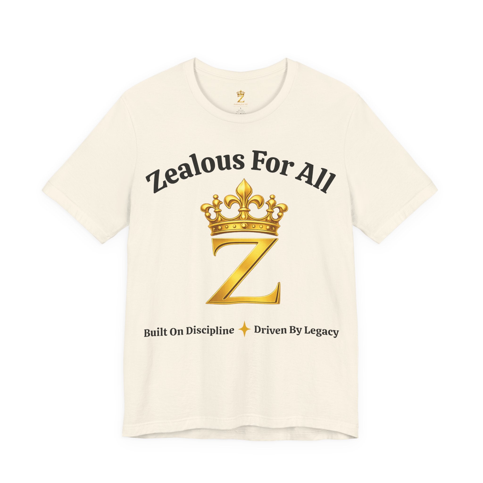 Unisex Luxury Zealous For All T-Shirt (Gold/Black Words, Big Logo T-shirt) Printify
