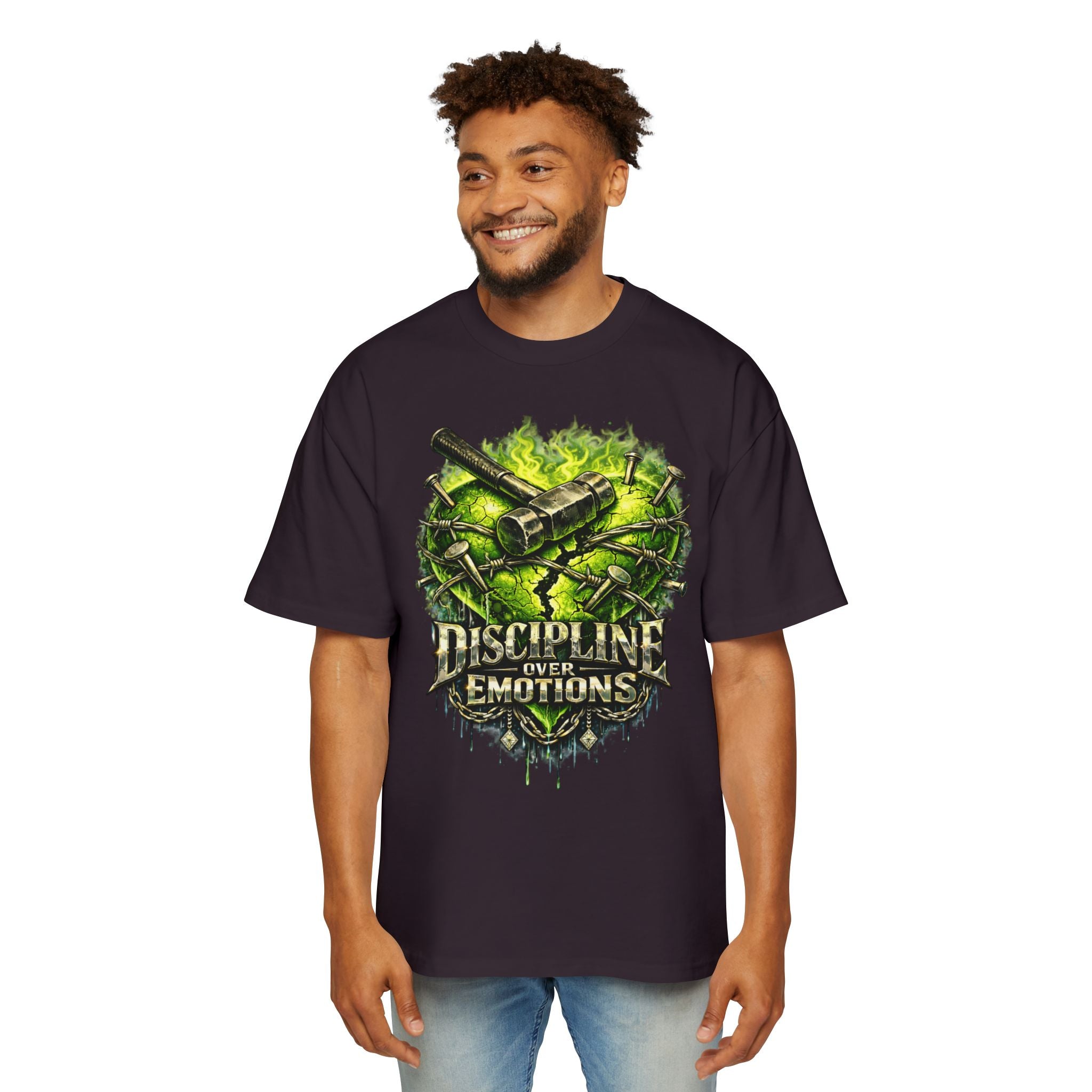 Oversized Discipline Over Emotions Graphic Tee (Green Heart) Printify