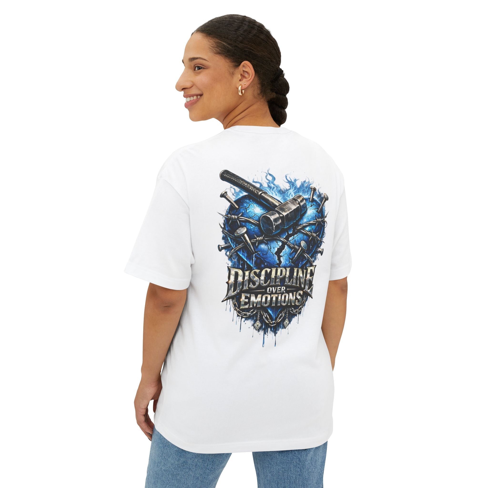 Adult *Oversized* Discipline Over Emotions (Back) Graphic Tee (Blue Heart) Printify