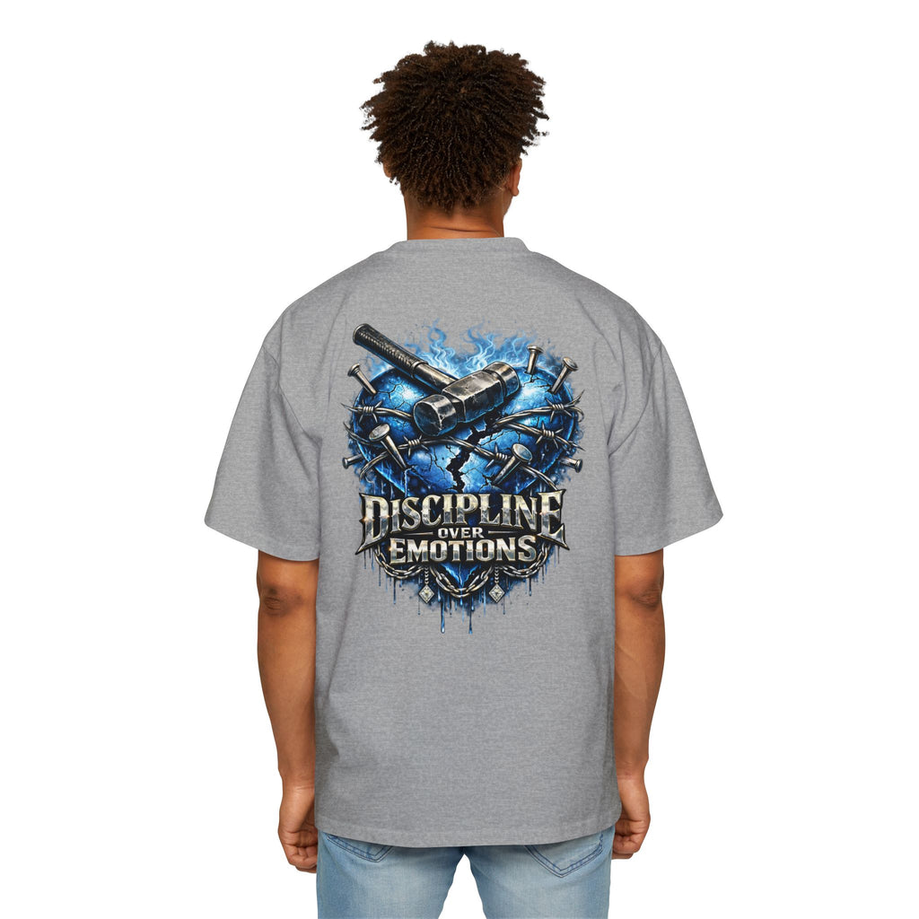 Oversized Discipline Over Emotions (Back) Graphic Tee (Blue Heart) Printify