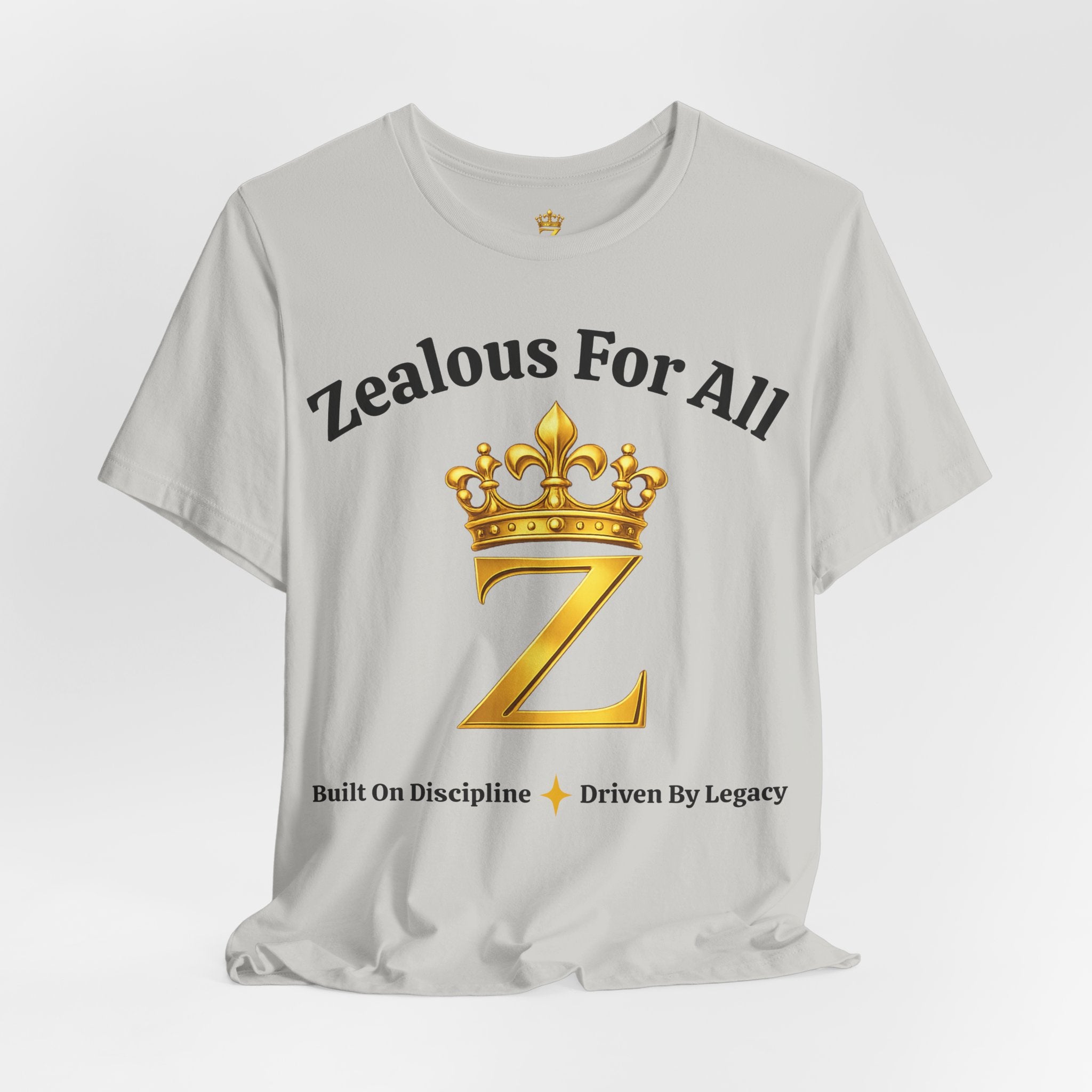 Unisex Luxury Zealous For All T-Shirt (Gold/Black Words, Big Logo T-shirt) Printify