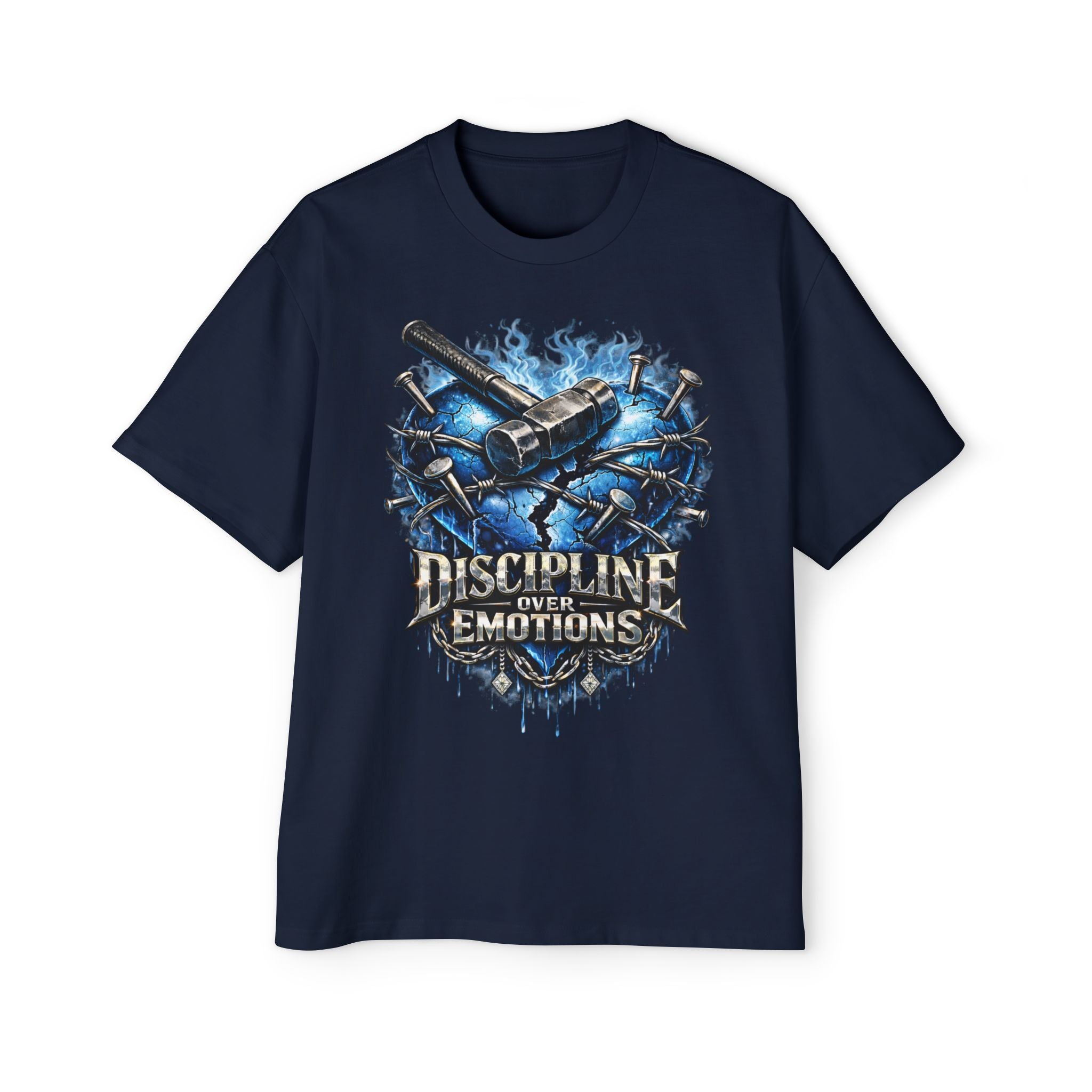 Oversized Discipline Over Emotions Graphic T-Shirt (Blue Heart) Printify