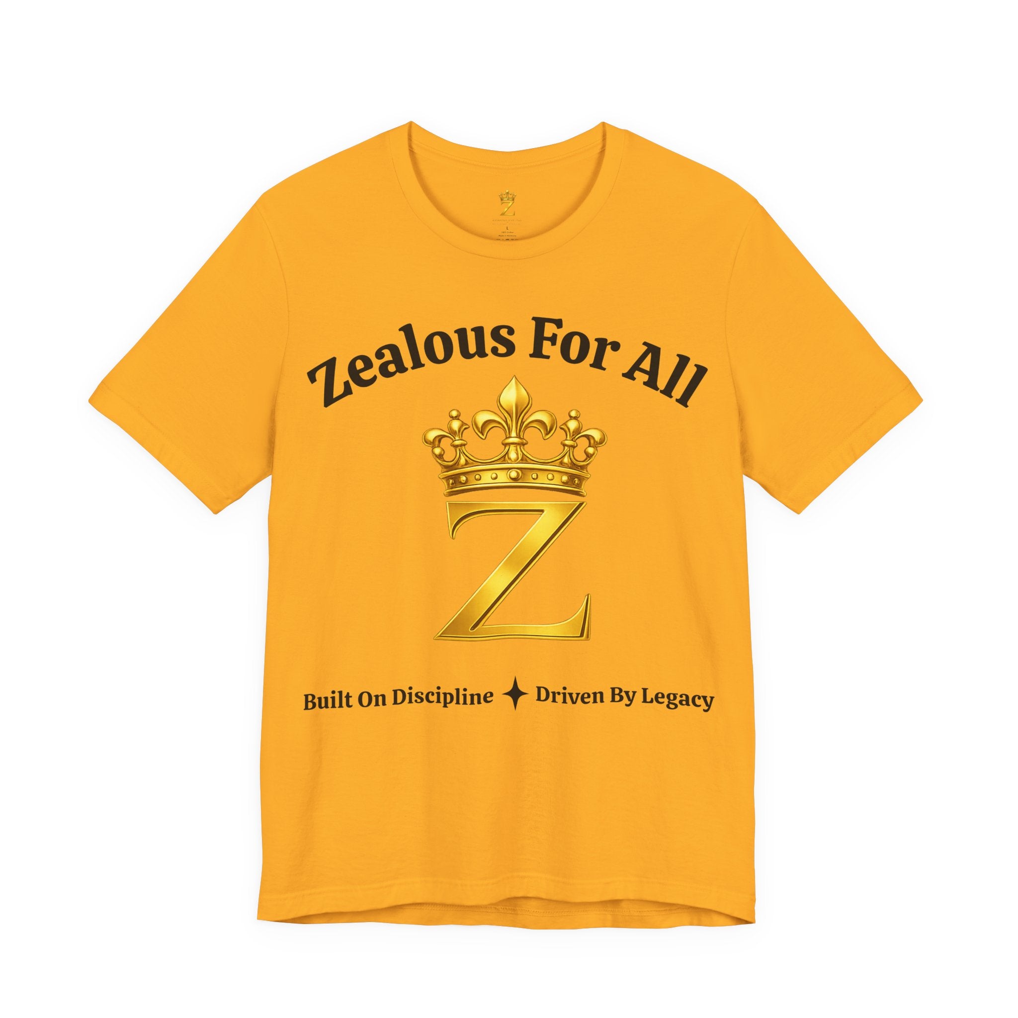 Unisex Luxury Zealous For All T-Shirt (Gold/Black Words, Big Logo T-shirt) Printify