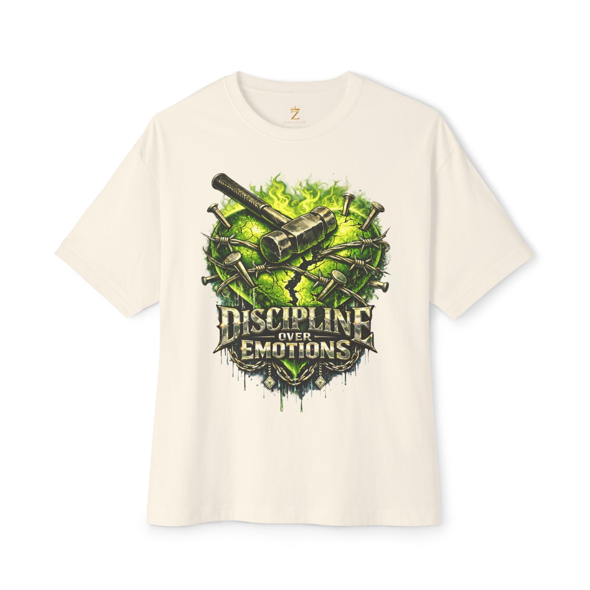 Adult *Oversized* Discipline Over Emotions Graphic Tee (Green Heart) Printify