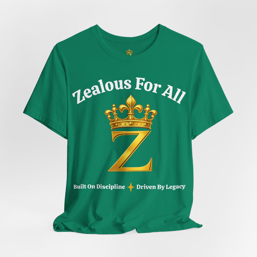 Unisex Luxury Zealous For All T-Shirt (Gold/White Words, Big Logo T-shirt) Printify