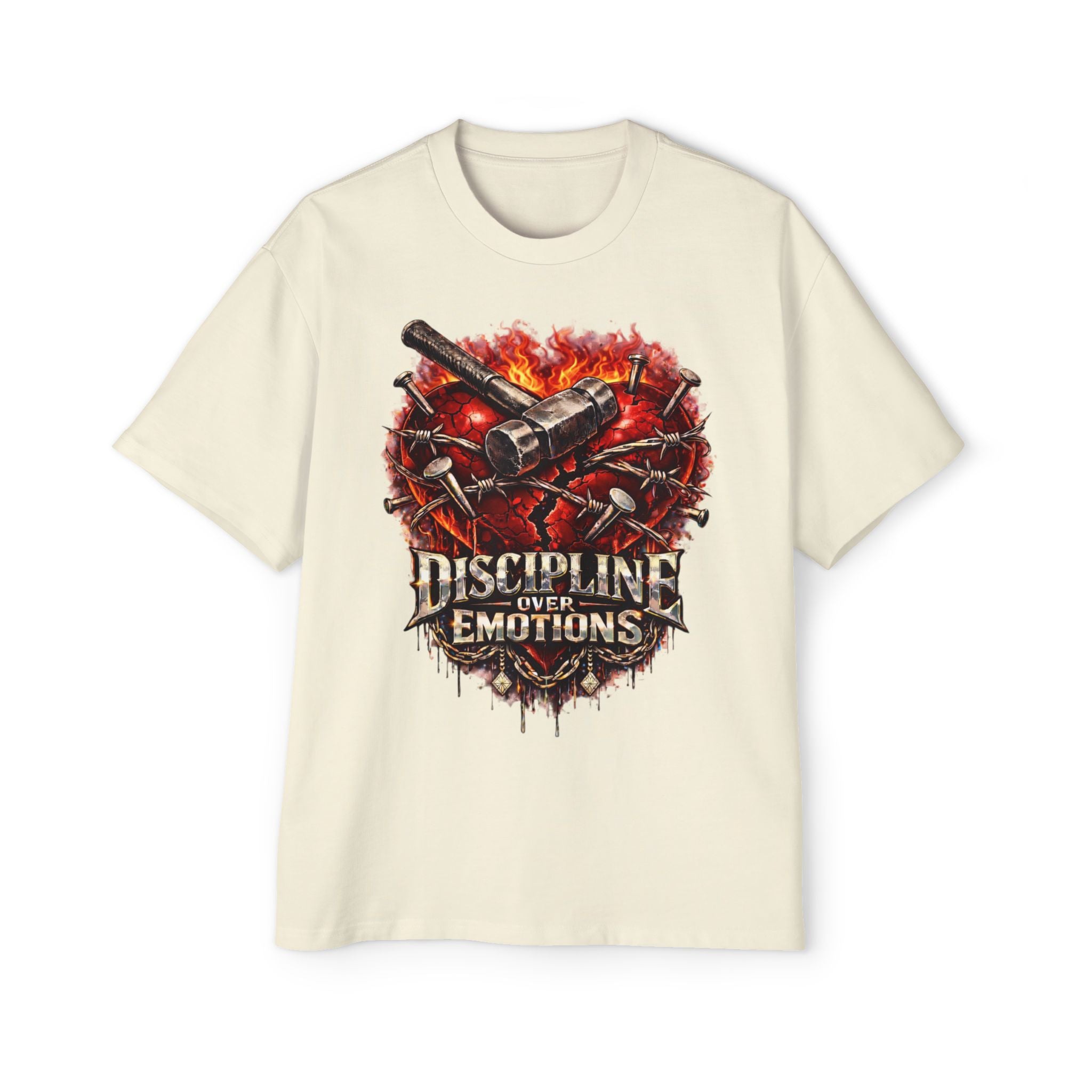 Oversized Discipline Over Emotions Graphic Tee (Front Red Heart) Printify