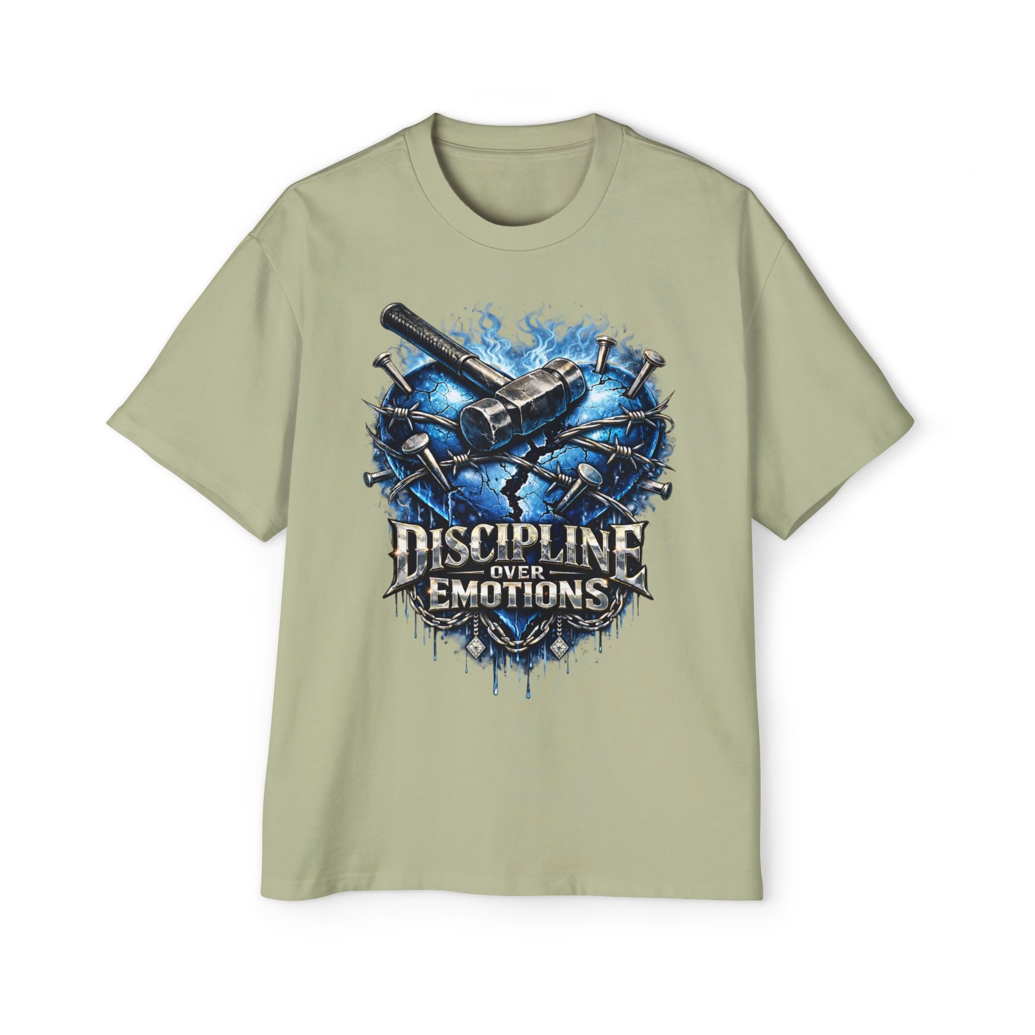 Oversized Discipline Over Emotions Graphic T-Shirt (Blue Heart) Printify