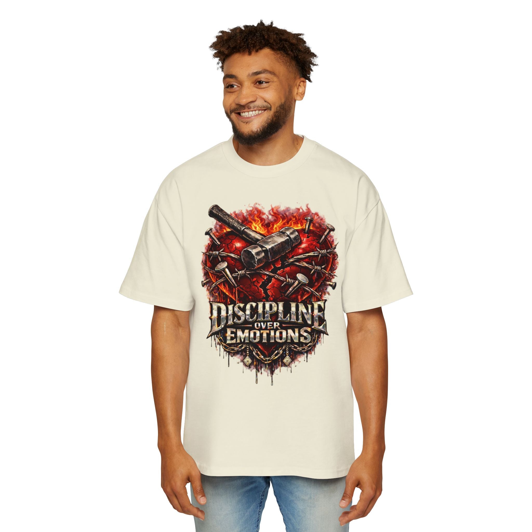 Oversized Discipline Over Emotions Graphic Tee (Front Red Heart) Printify