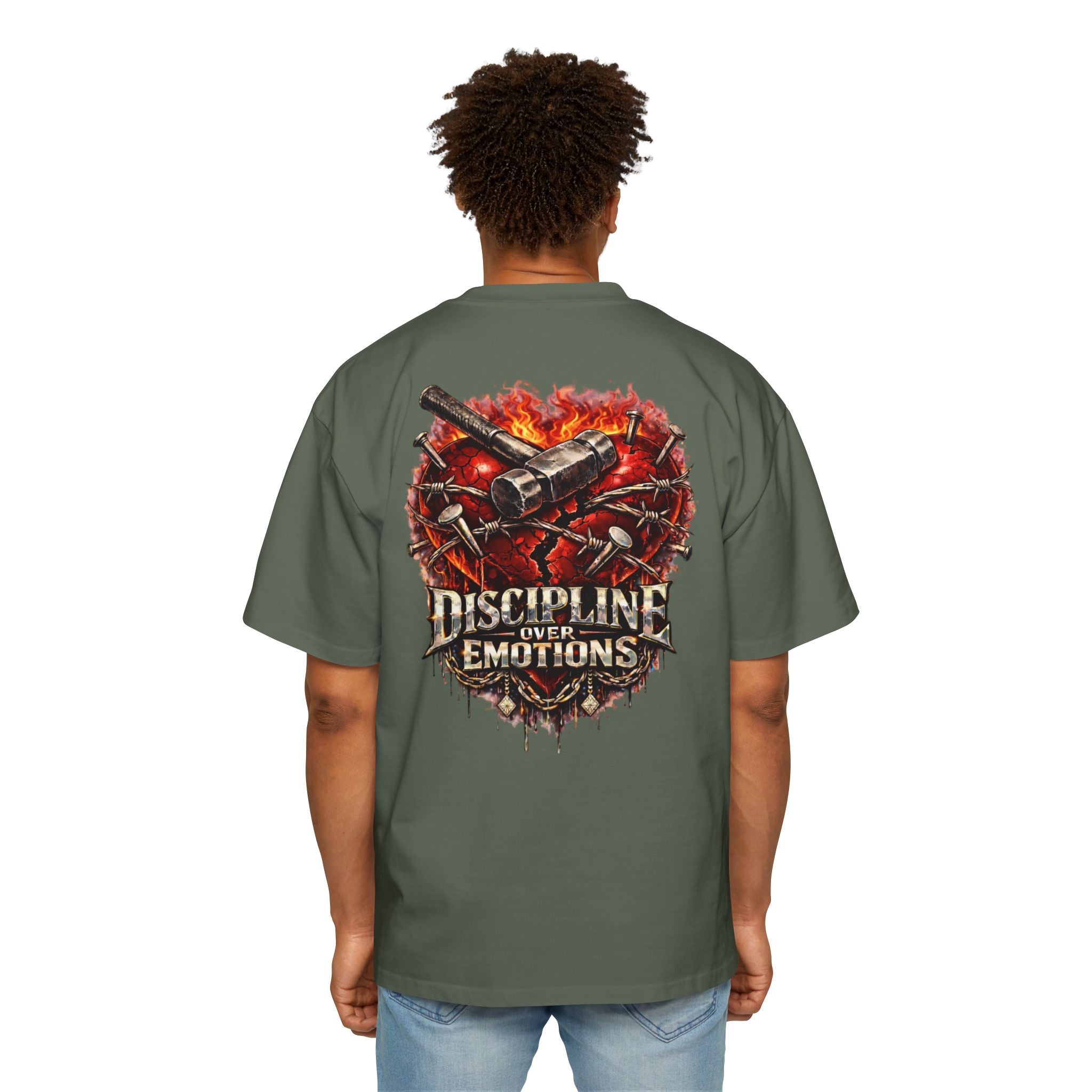 Oversized Discipline Over Emotions (Back) Graphic Tee (Red Heart) Printify
