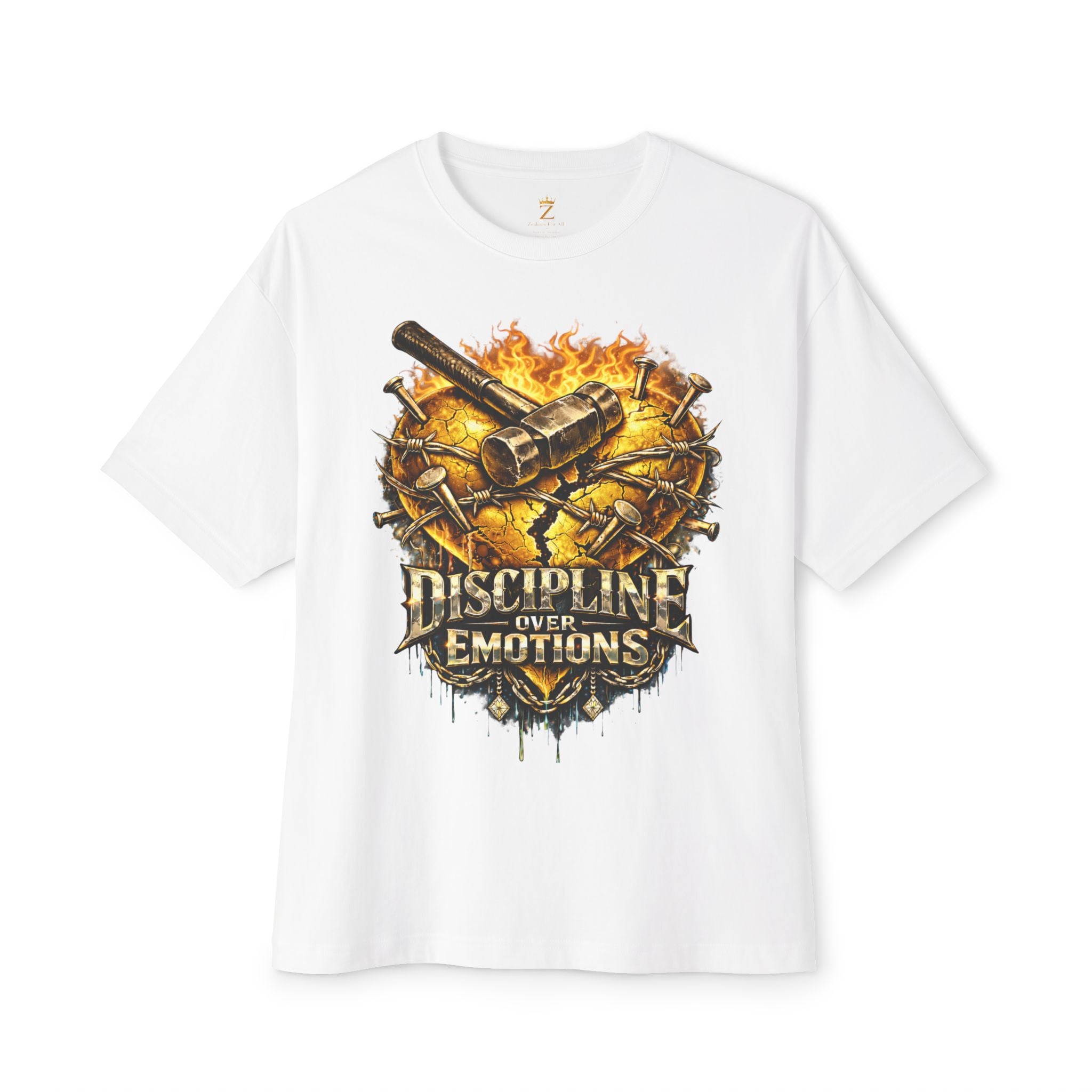 Adult *Oversized* Discipline Over Emotions Graphic Tee (Gold Heart) - Zealous For All