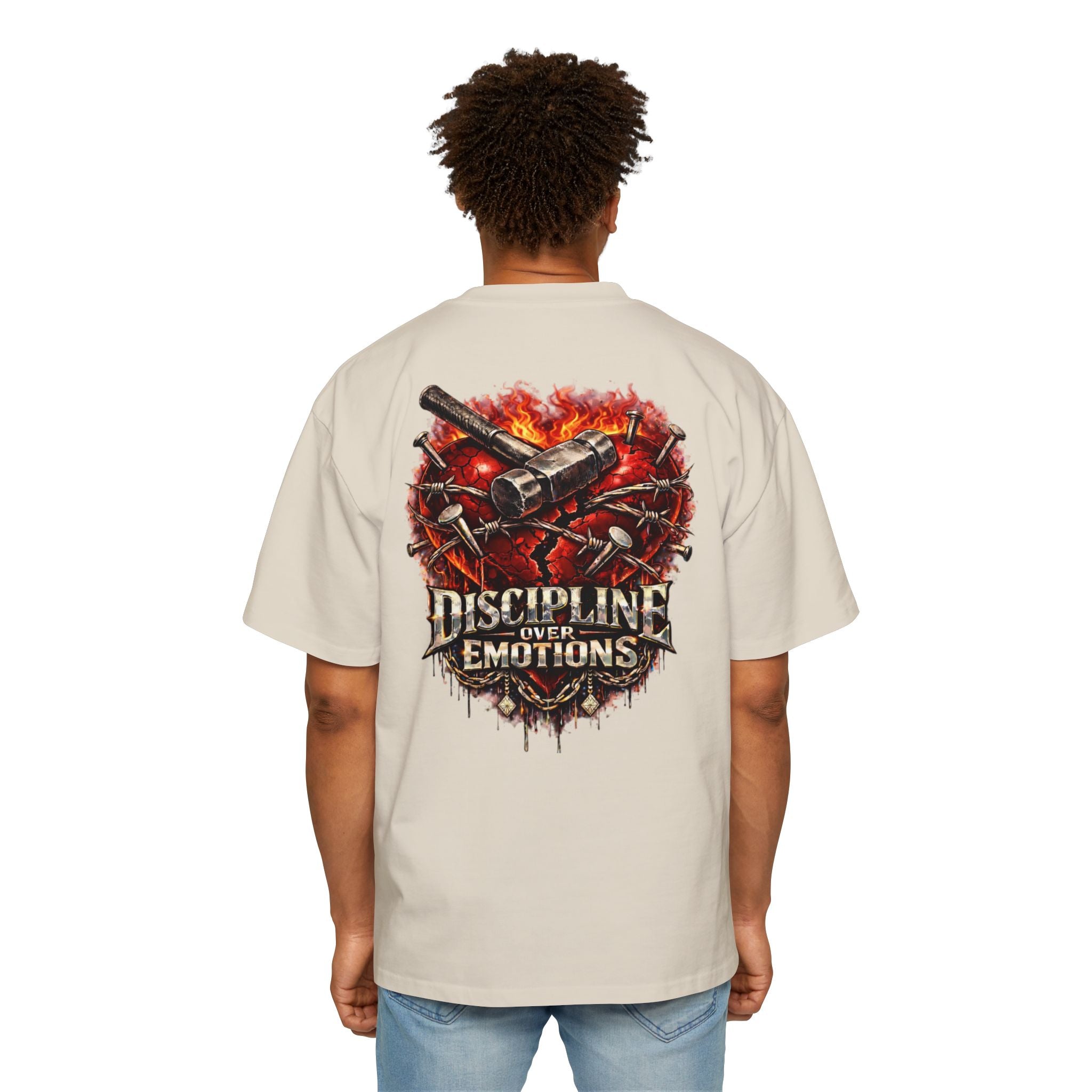 Oversized Discipline Over Emotions (Back) Graphic Tee (Red Heart) Printify