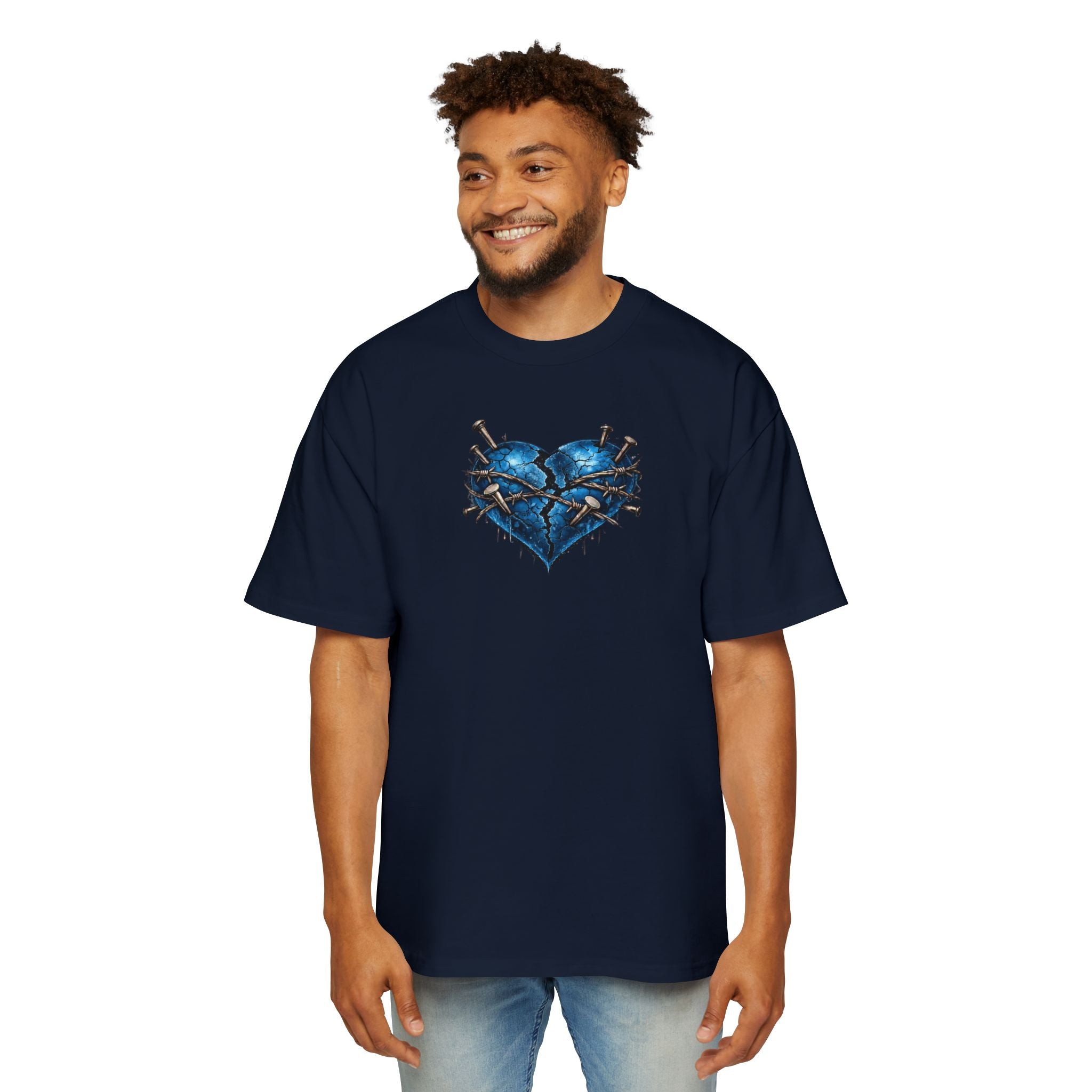 Oversized Discipline Over Emotions (Back) Graphic Tee (Blue Heart) Printify
