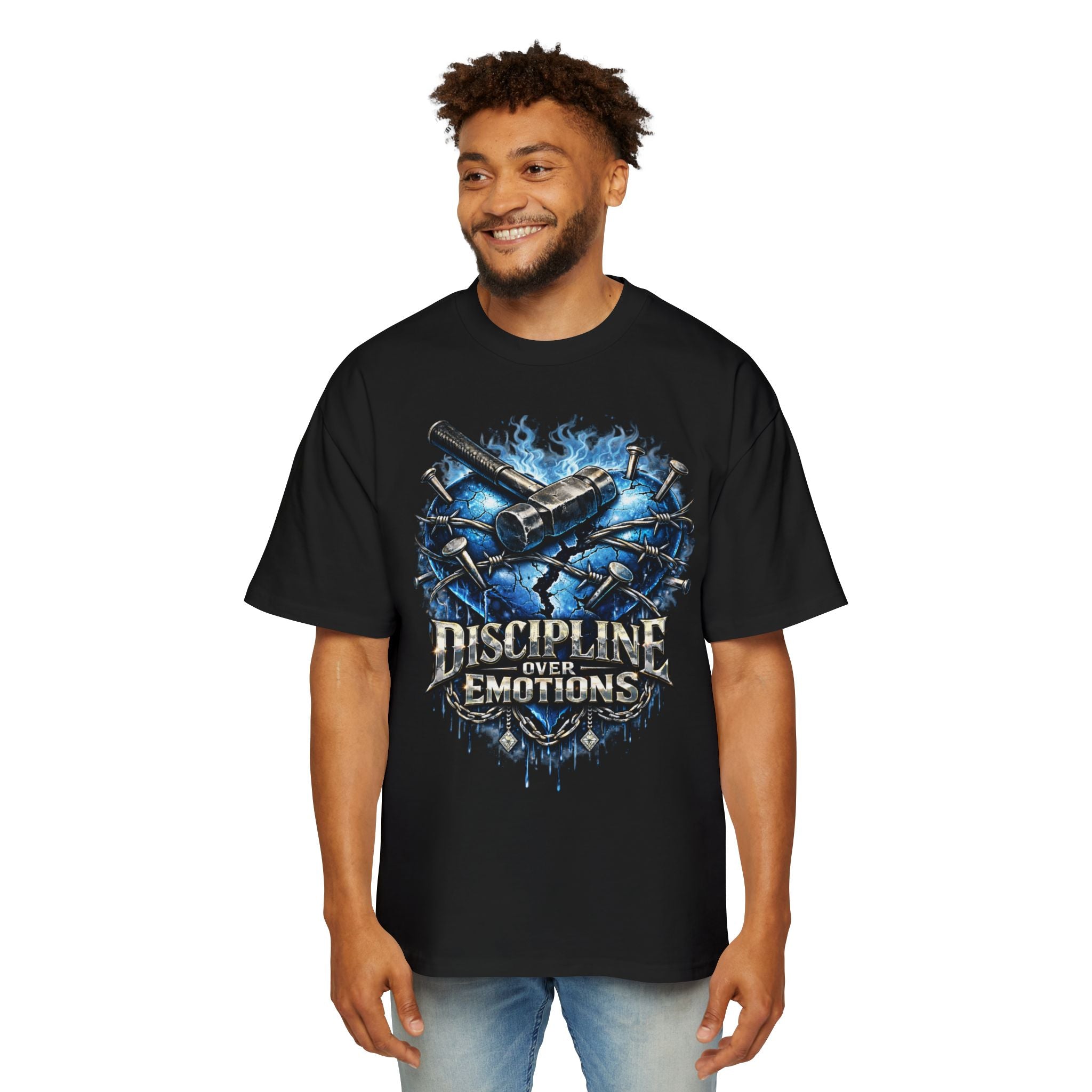 Oversized Discipline Over Emotions Graphic T-Shirt (Blue Heart) Printify