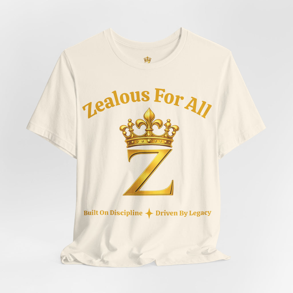 Unisex Luxury Zealous For All T-Shirt (Gold/White Words, Big Logo T-shirt) Printify