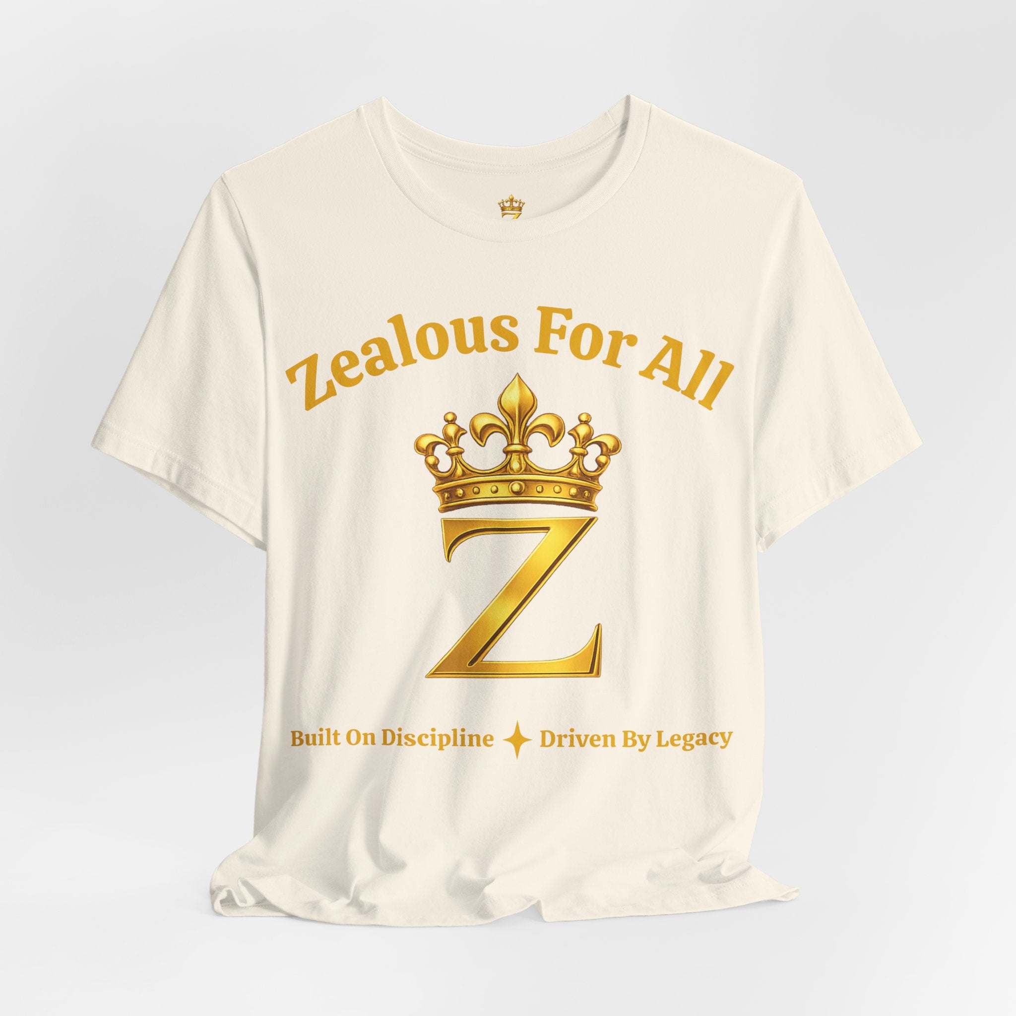 Unisex Luxury Zealous For All T-Shirt (Gold/White Words, Big Logo T-shirt) Printify